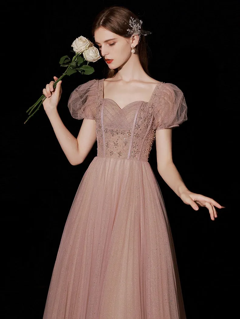 Pink tulle sequin long prom dress, pink tulle sweet 16 dress