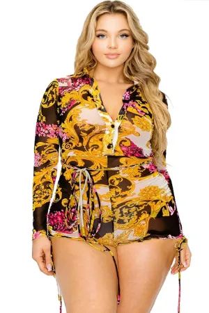 Plus Sheer Belted Romper