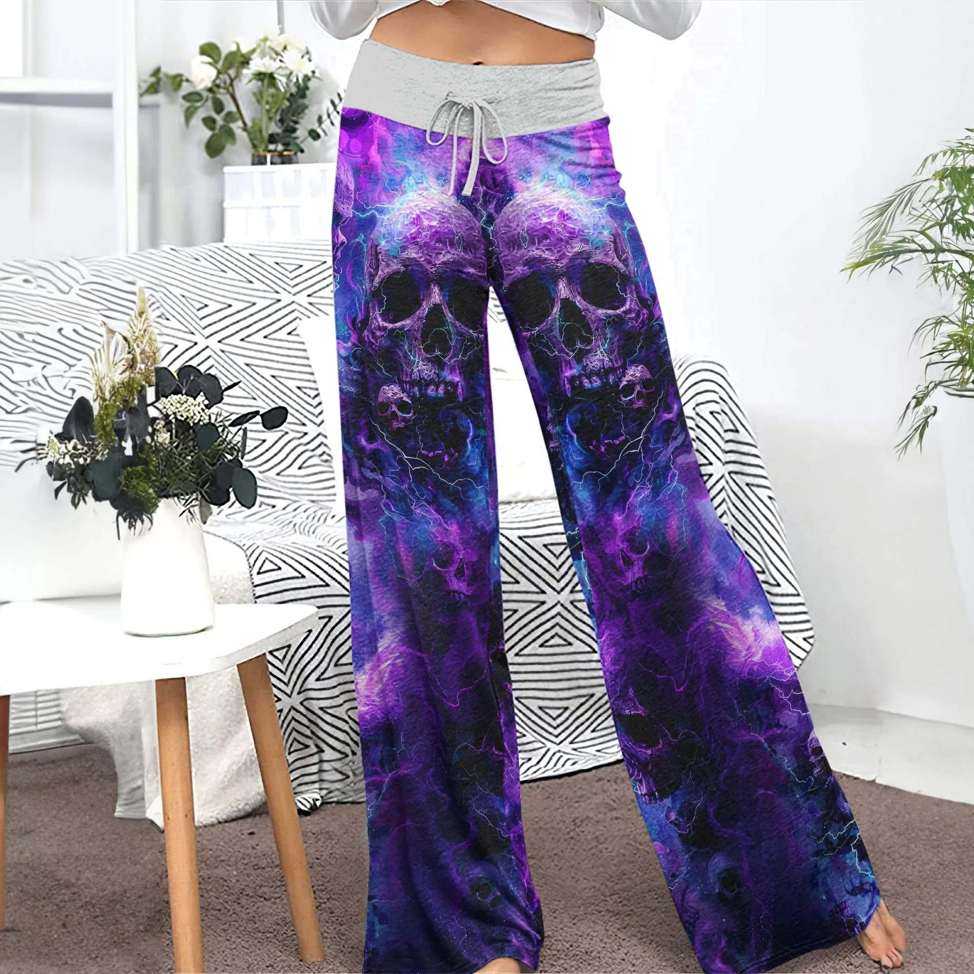 Purple Skull Fantasy Artwork Women's High-waisted Wide Leg Pants