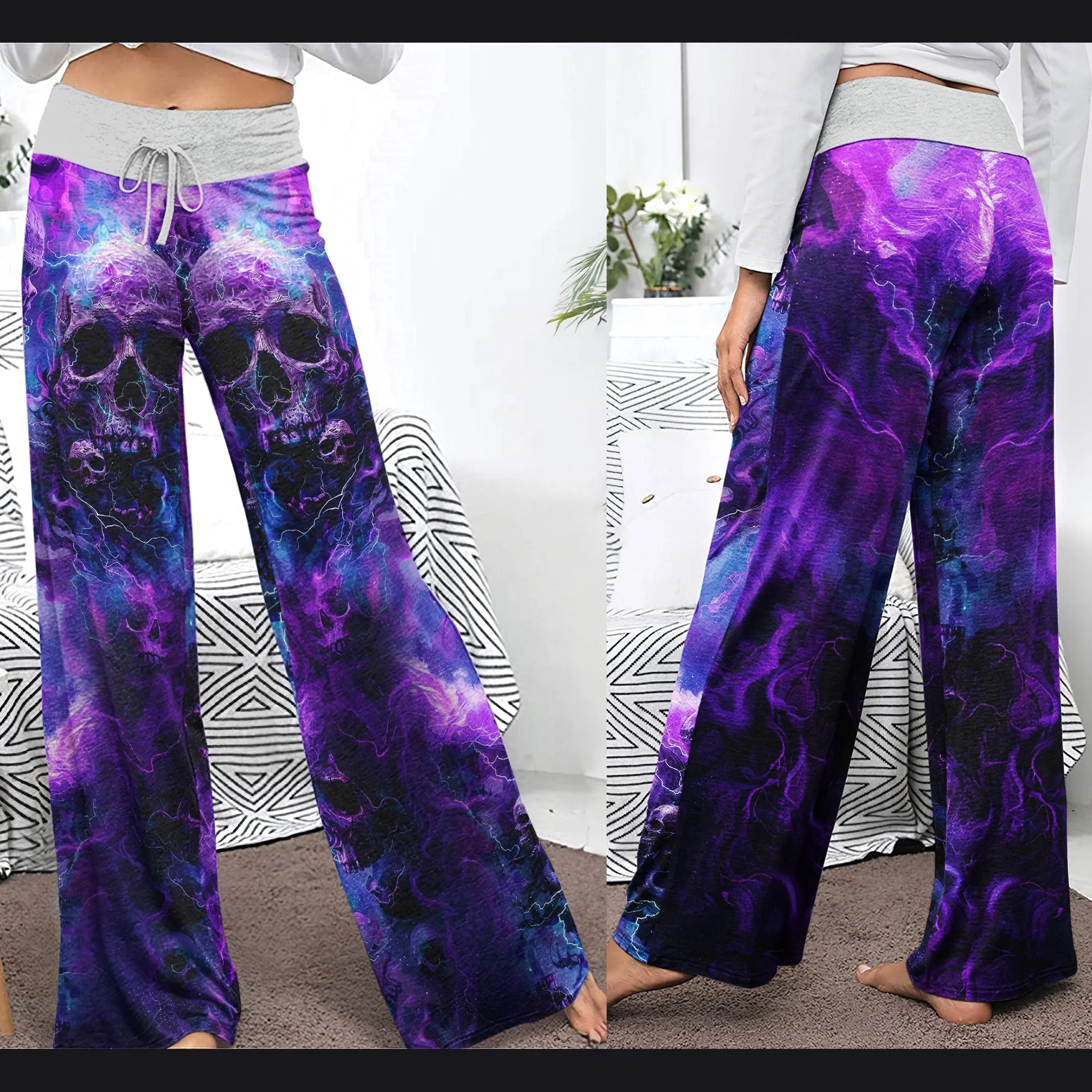 Purple Skull Fantasy Artwork Women's High-waisted Wide Leg Pants