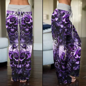 Purple Skull Rose Floral Women's High-waisted Wide Leg Pants