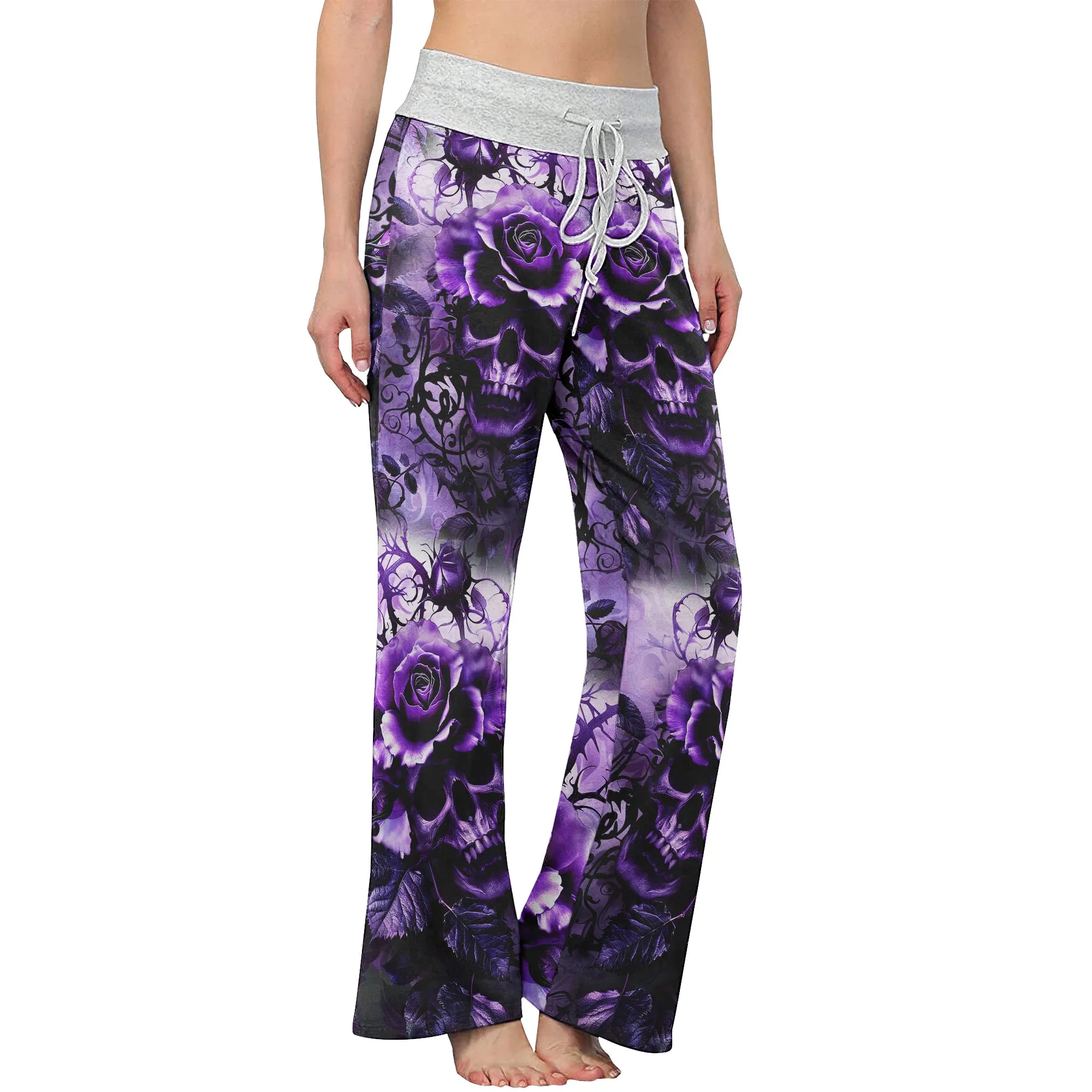 Purple Skull Rose Floral Women's High-waisted Wide Leg Pants