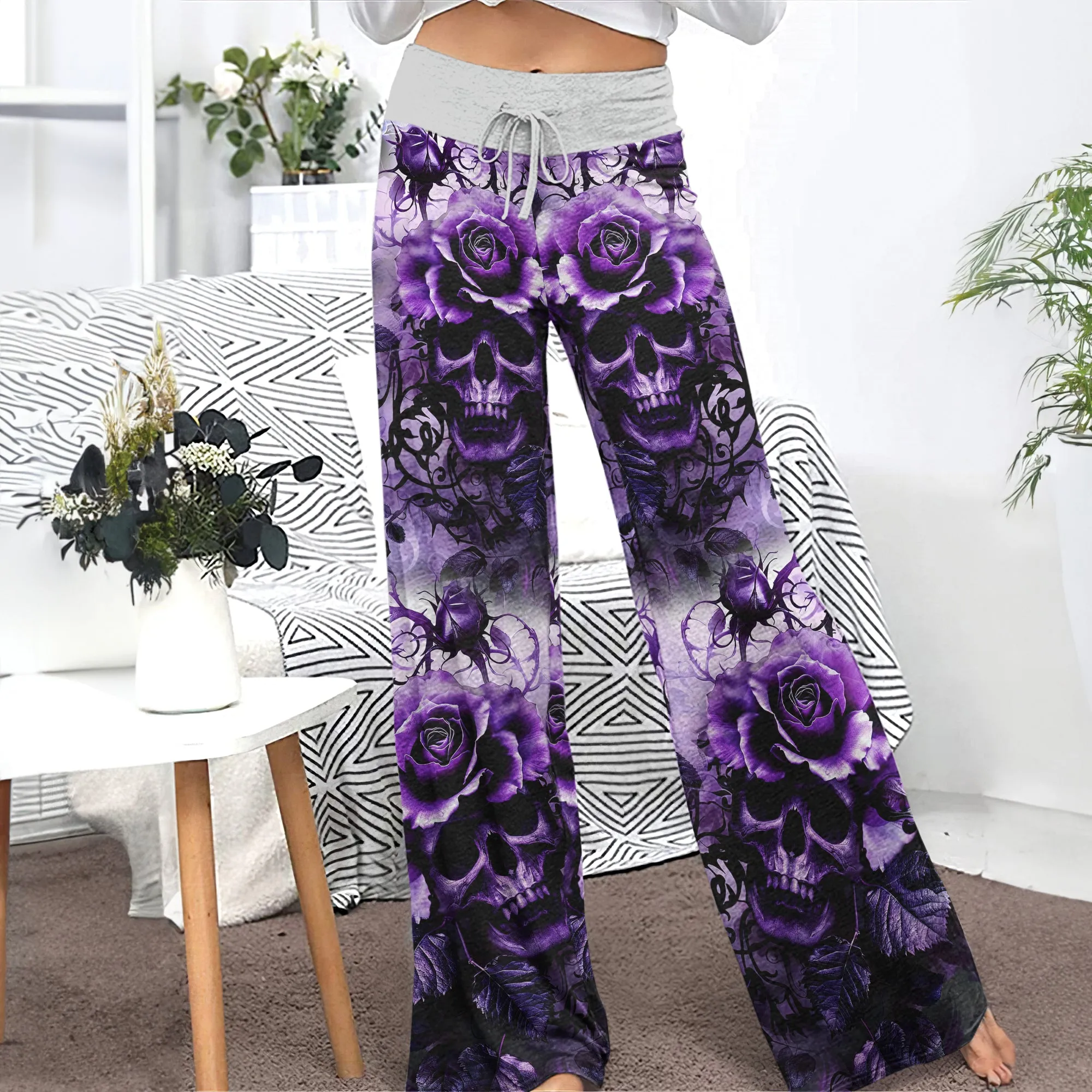 Purple Skull Rose Floral Women's High-waisted Wide Leg Pants