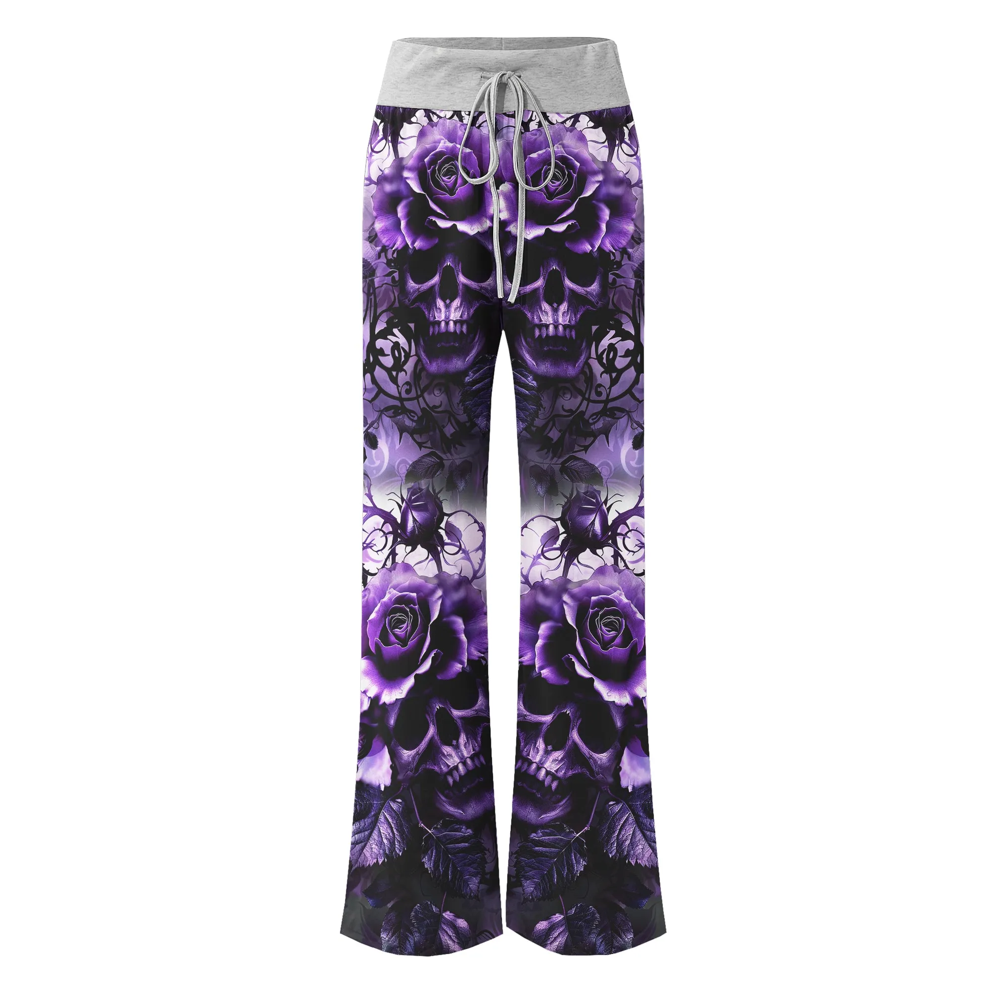 Purple Skull Rose Floral Women's High-waisted Wide Leg Pants