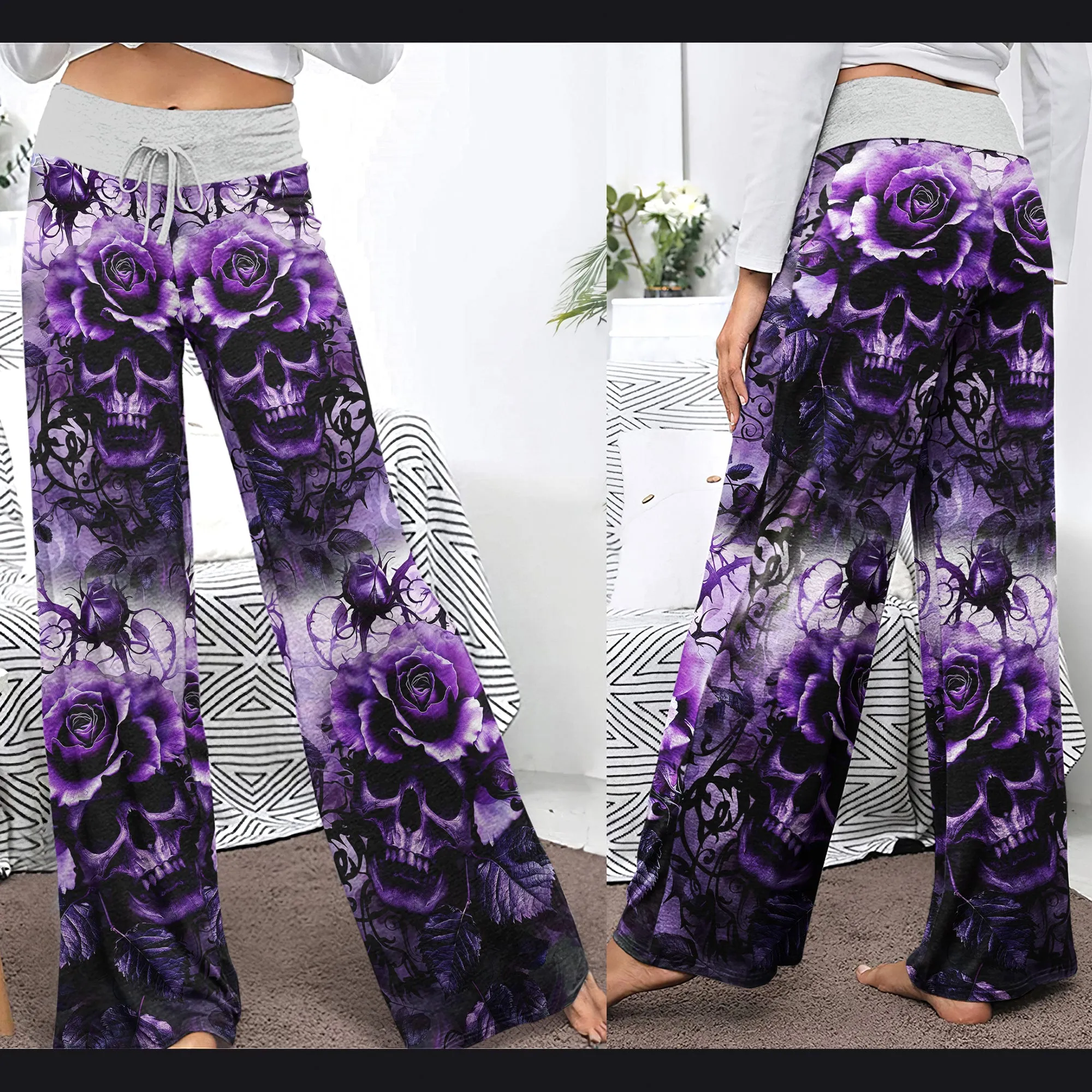 Purple Skull Rose Floral Women's High-waisted Wide Leg Pants