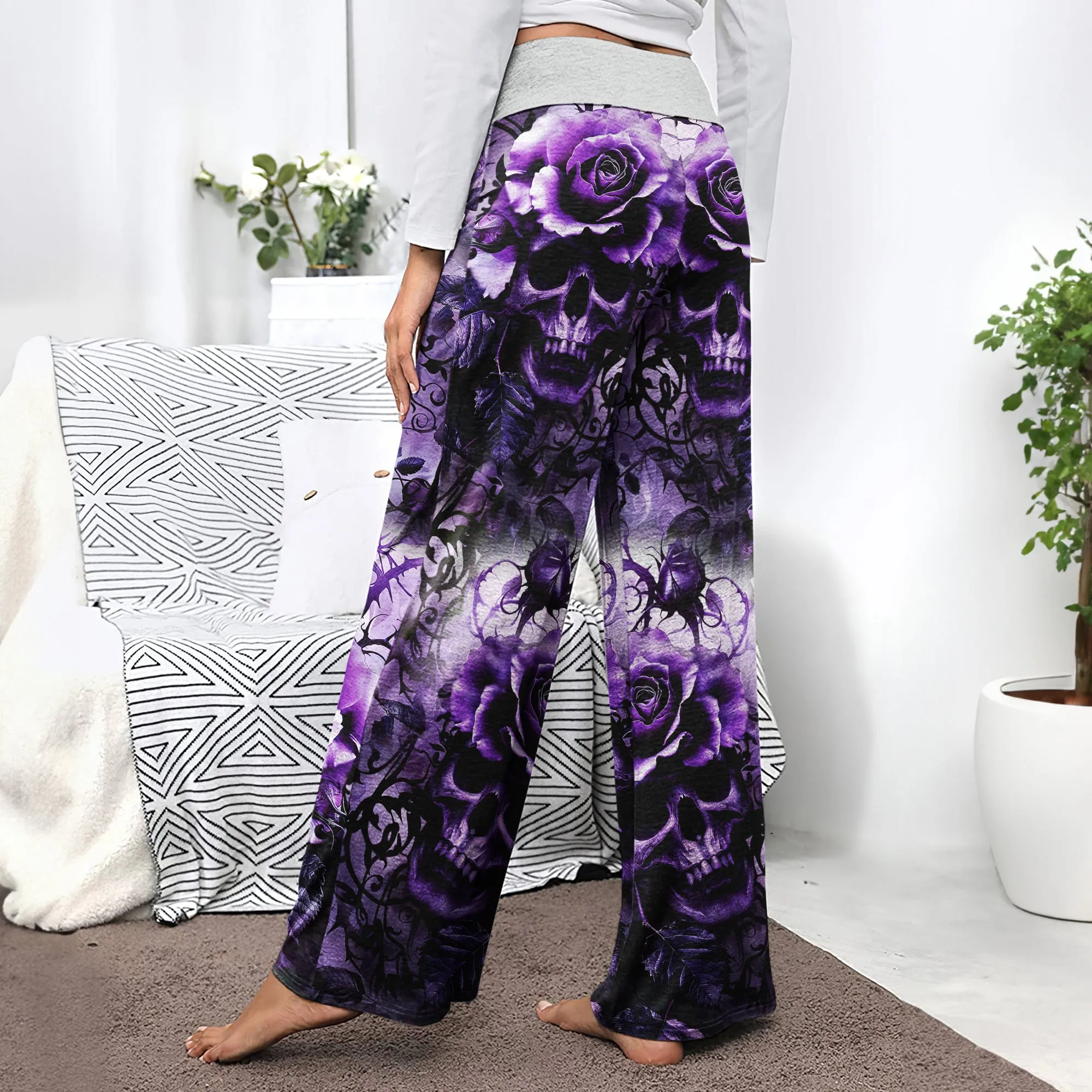 Purple Skull Rose Floral Women's High-waisted Wide Leg Pants