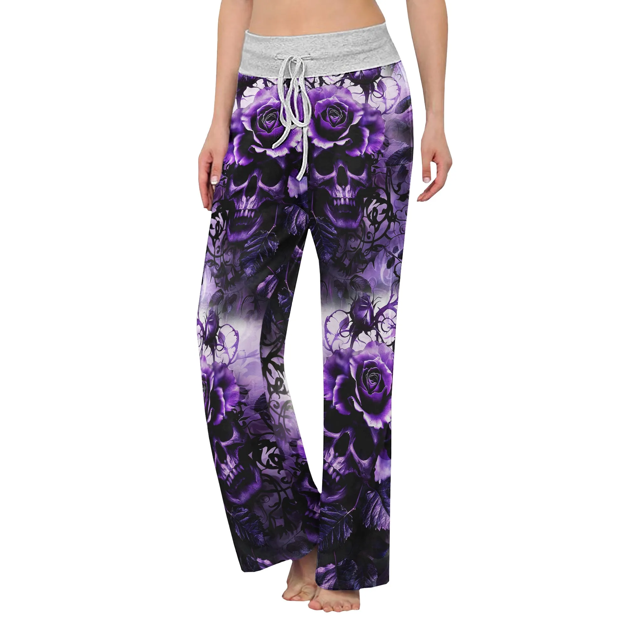 Purple Skull Rose Floral Women's High-waisted Wide Leg Pants
