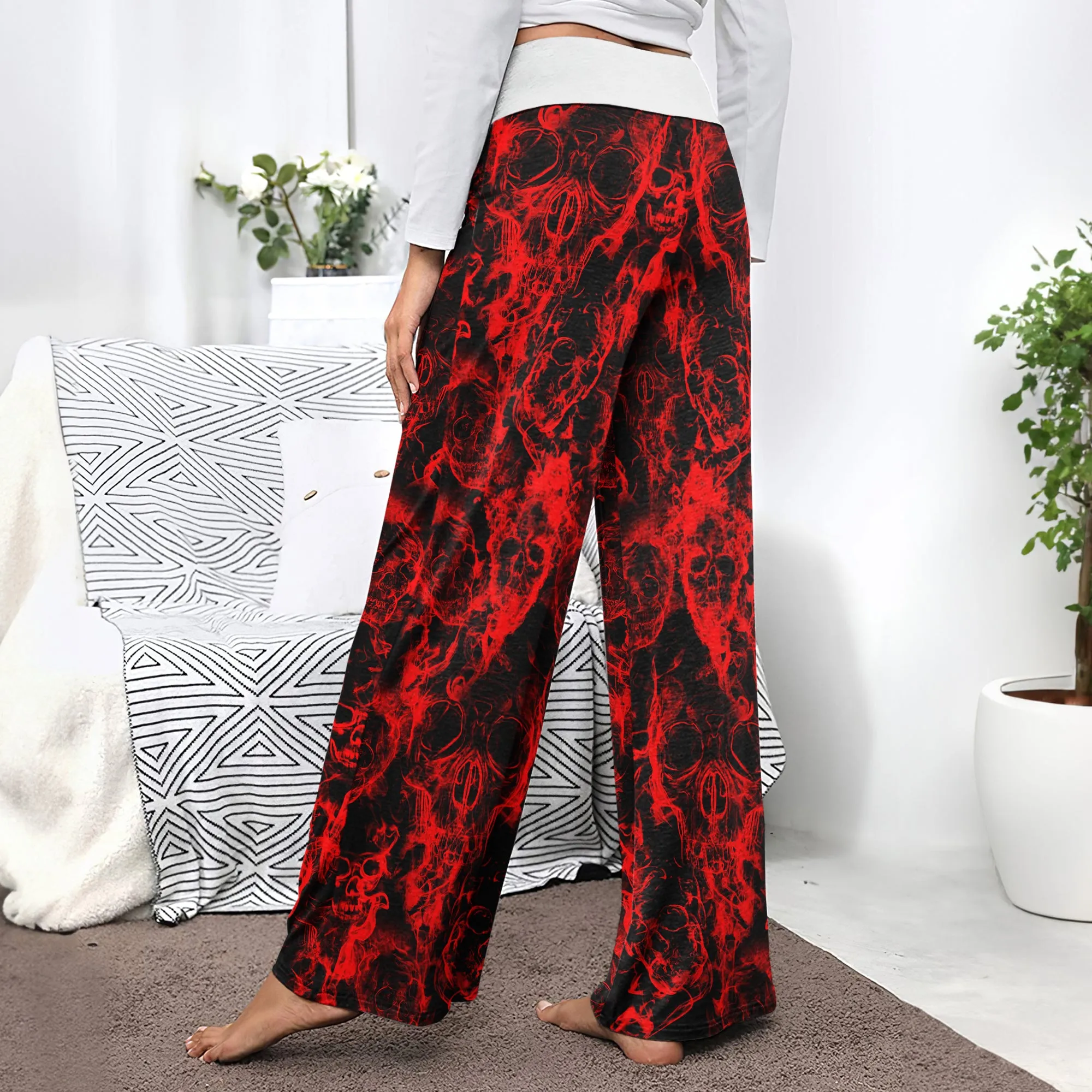 Red Skull Smoke Women's High-waisted Wide Leg Pants