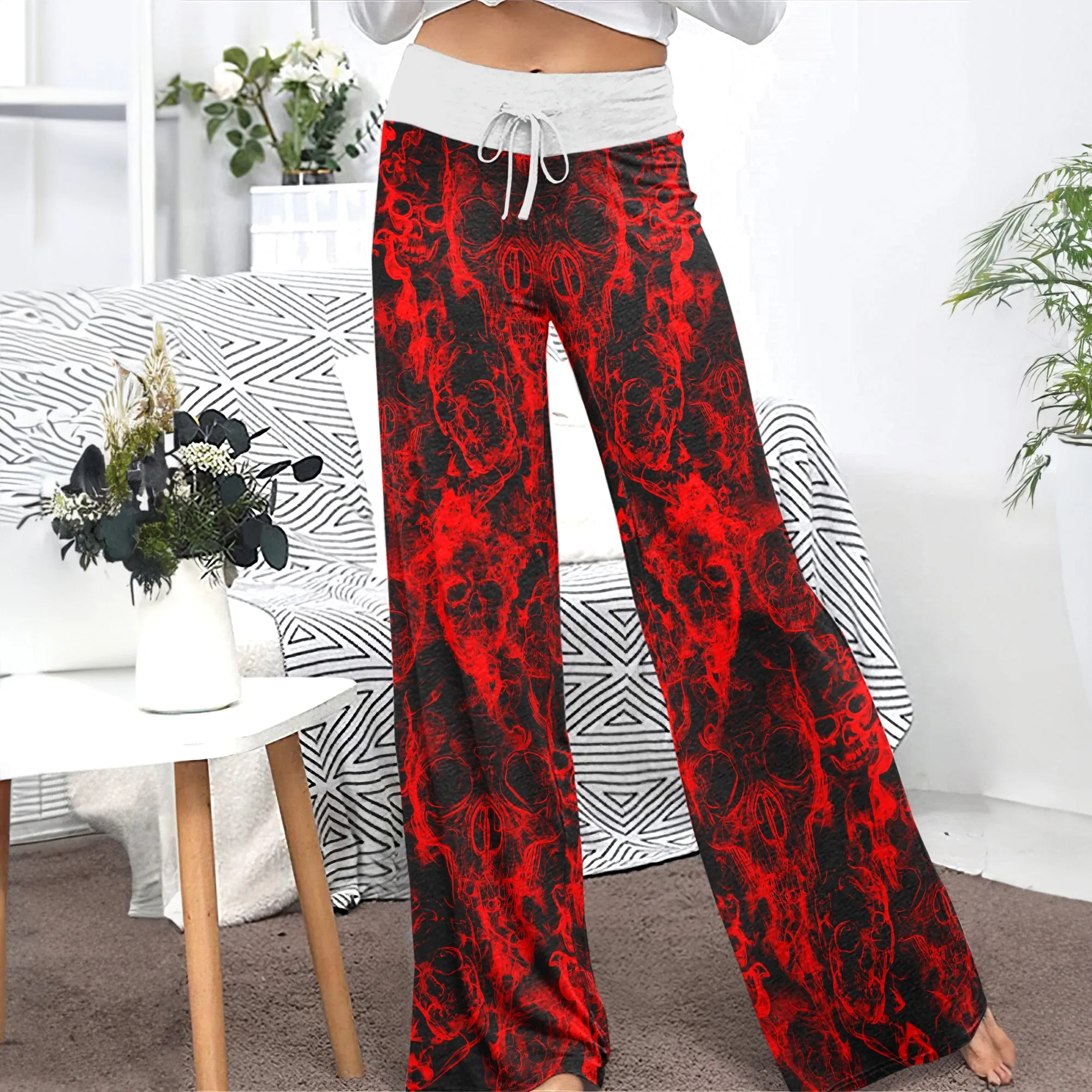 Red Skull Smoke Women's High-waisted Wide Leg Pants