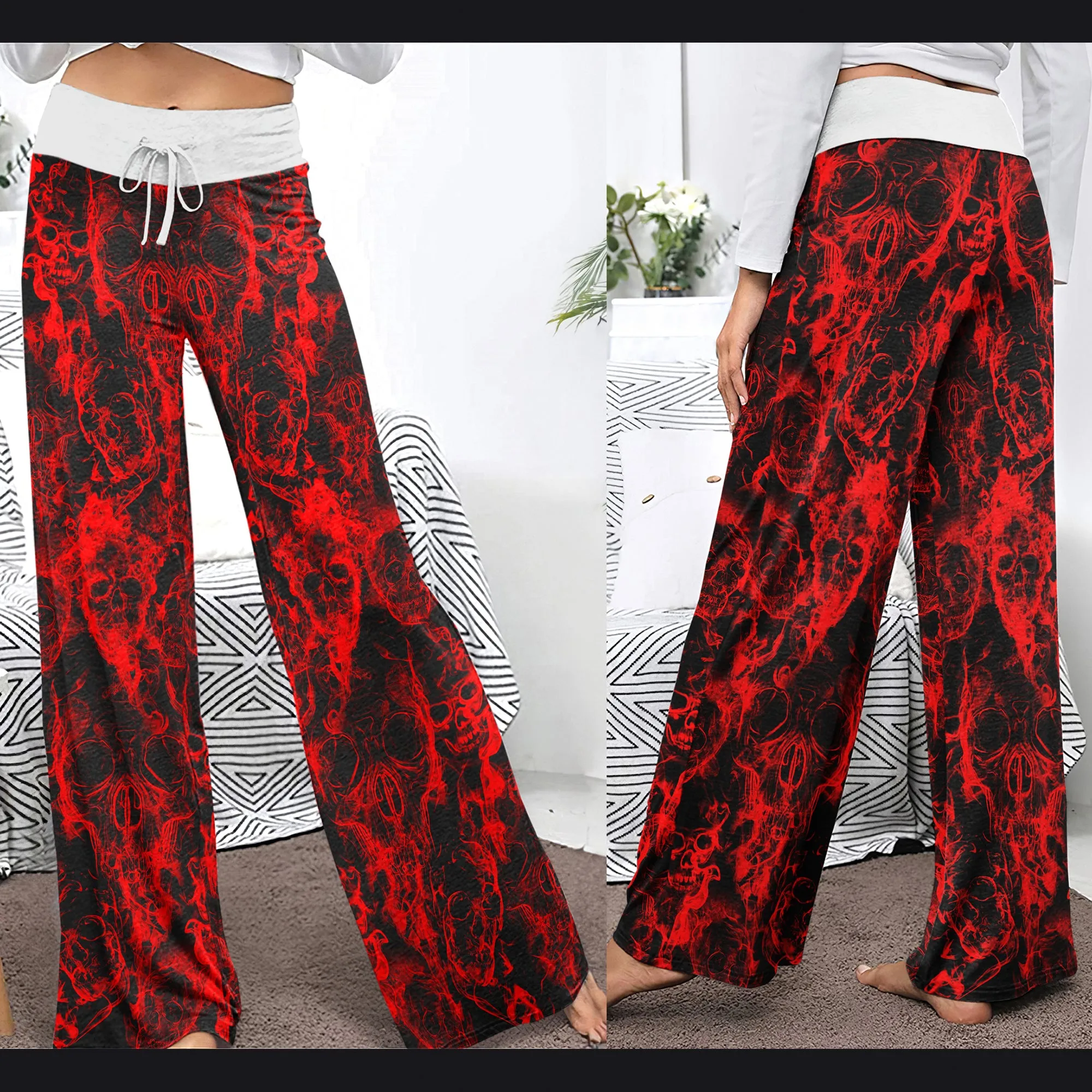 Red Skull Smoke Women's High-waisted Wide Leg Pants