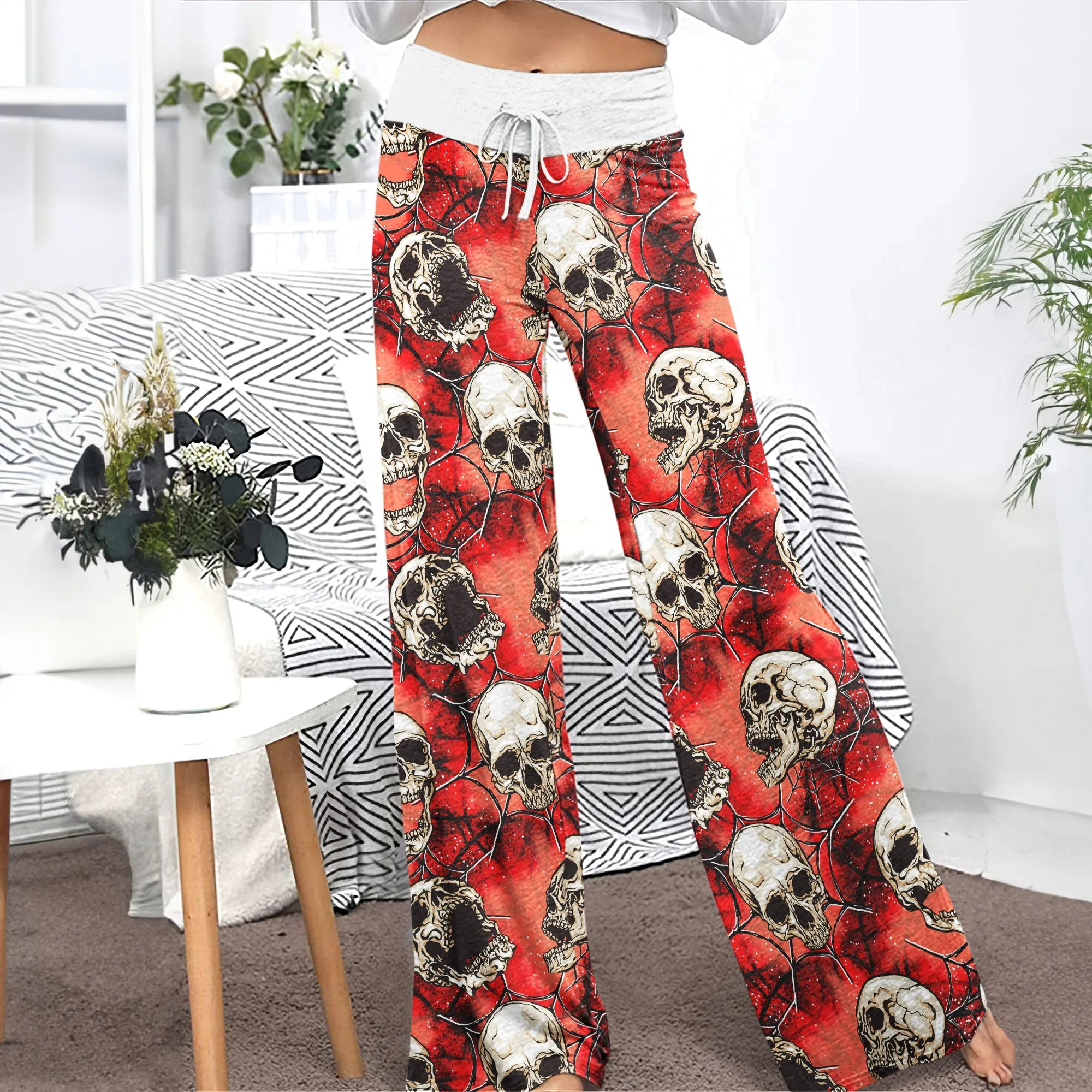Skull Abstract Gothic Women's High-waisted Wide Leg Pants