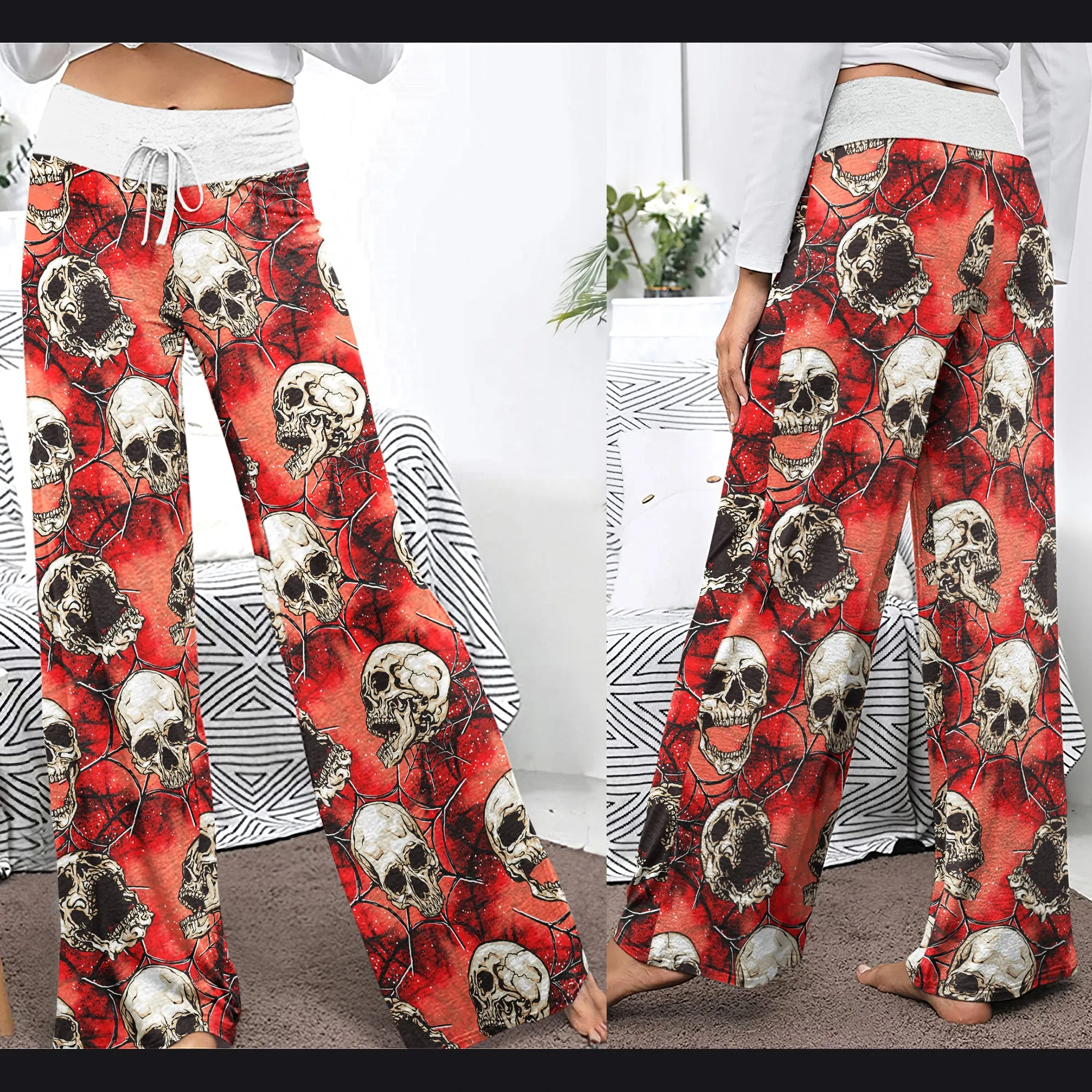 Skull Abstract Gothic Women's High-waisted Wide Leg Pants
