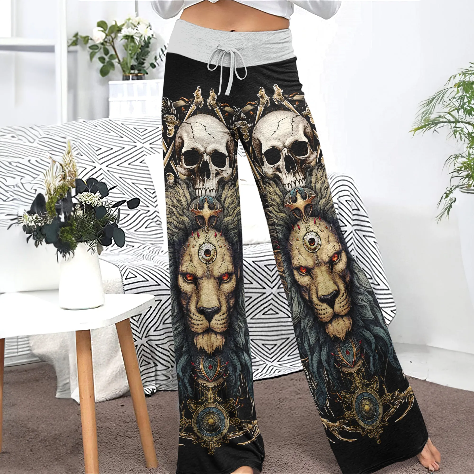 Skull King Lion Art Women's High-waisted Wide Leg Pants