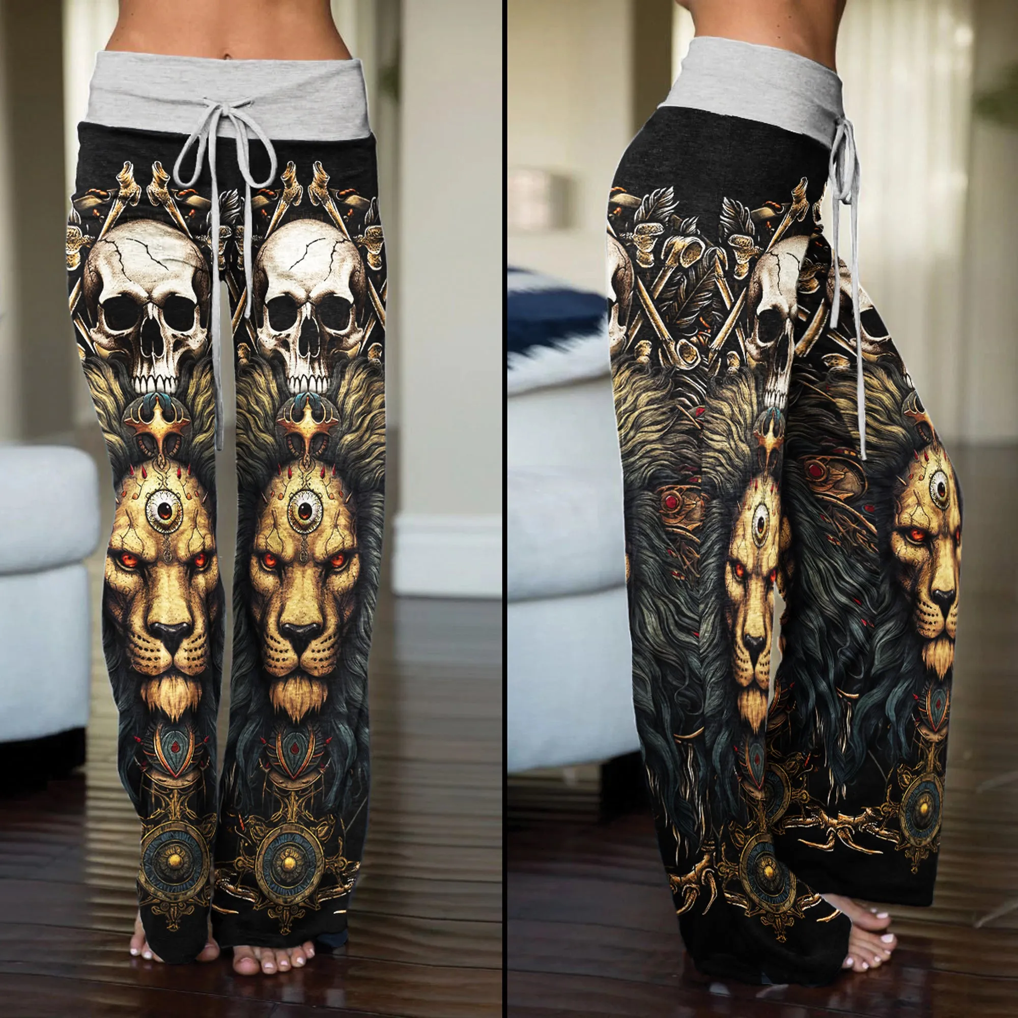 Skull King Lion Art Women's High-waisted Wide Leg Pants