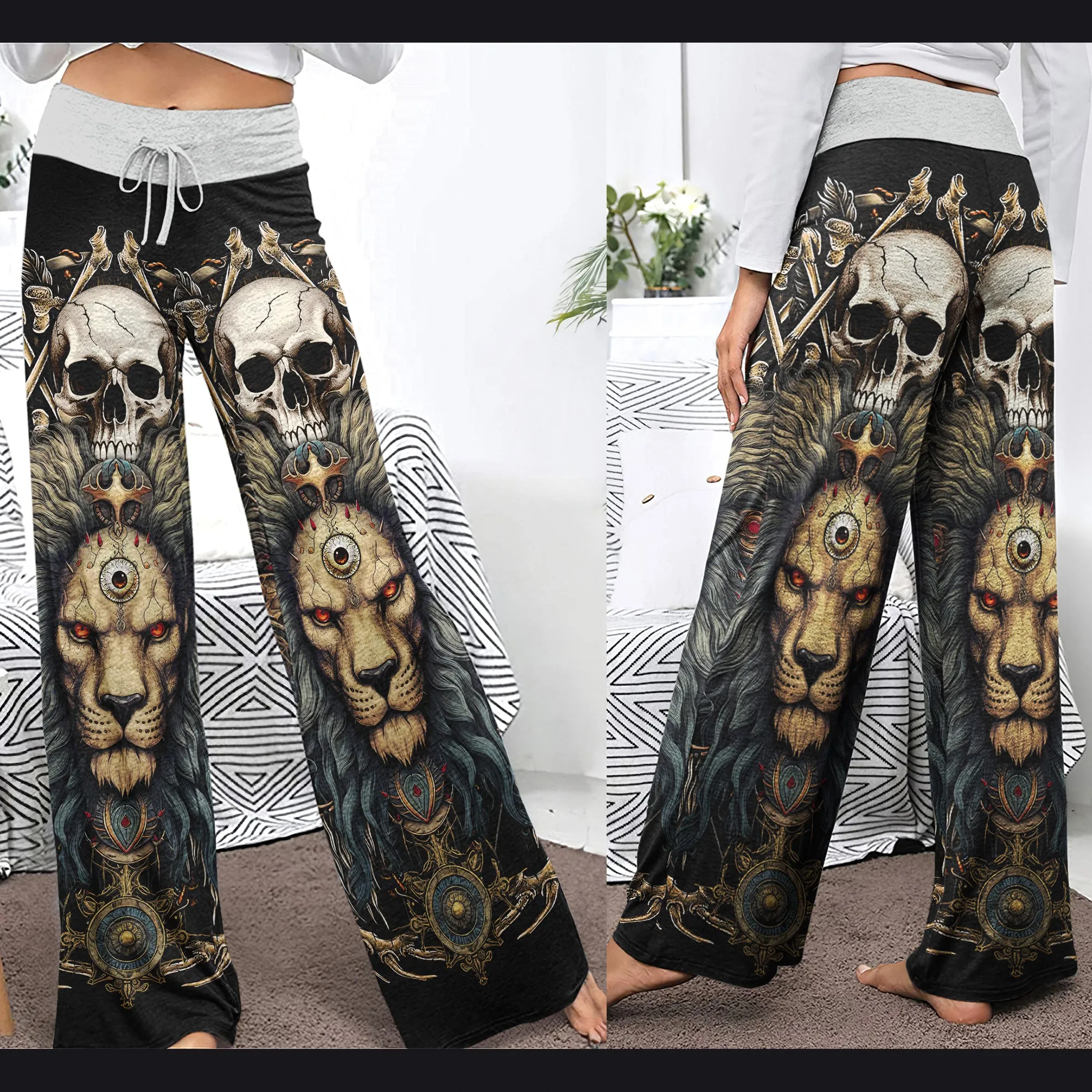 Skull King Lion Art Women's High-waisted Wide Leg Pants