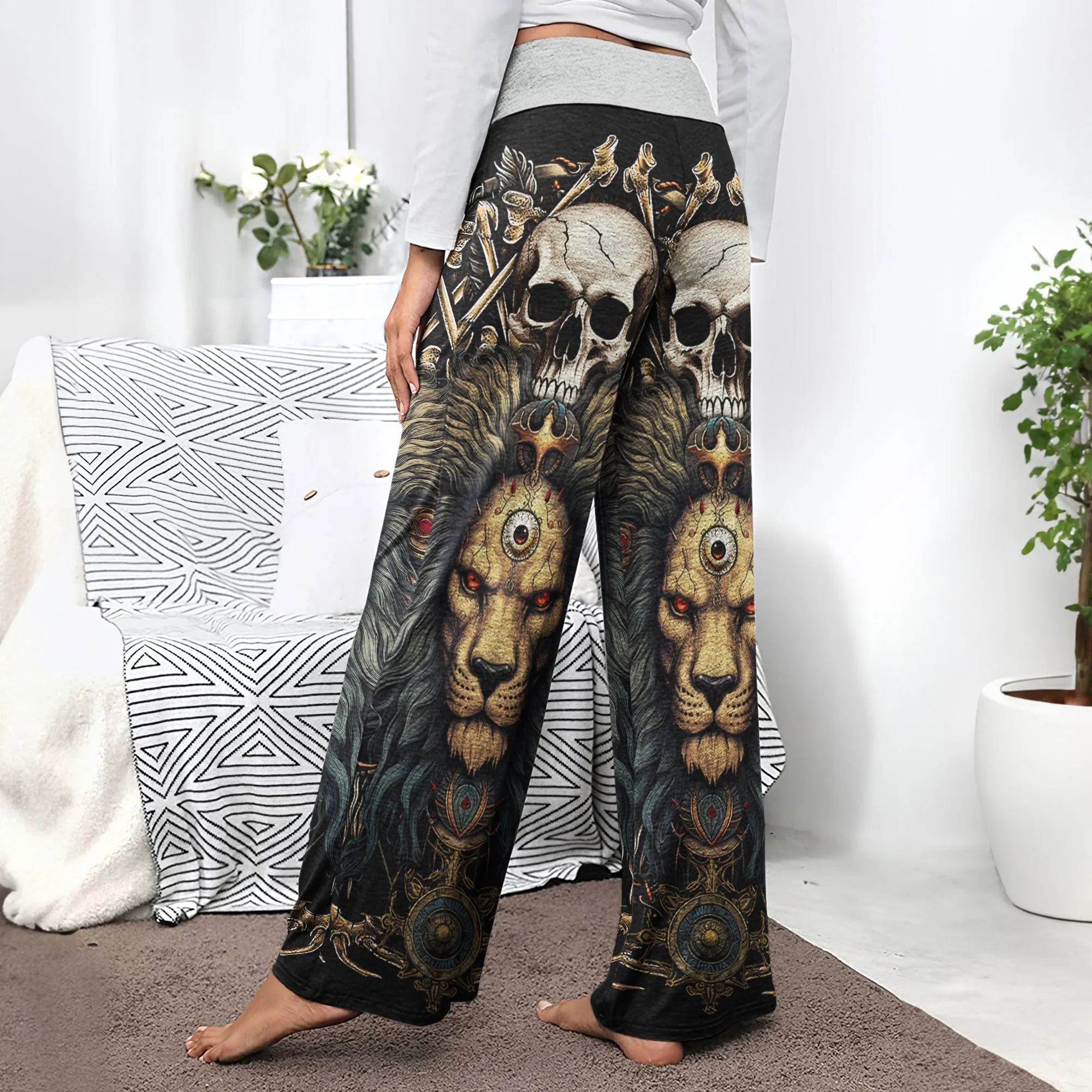 Skull King Lion Art Women's High-waisted Wide Leg Pants