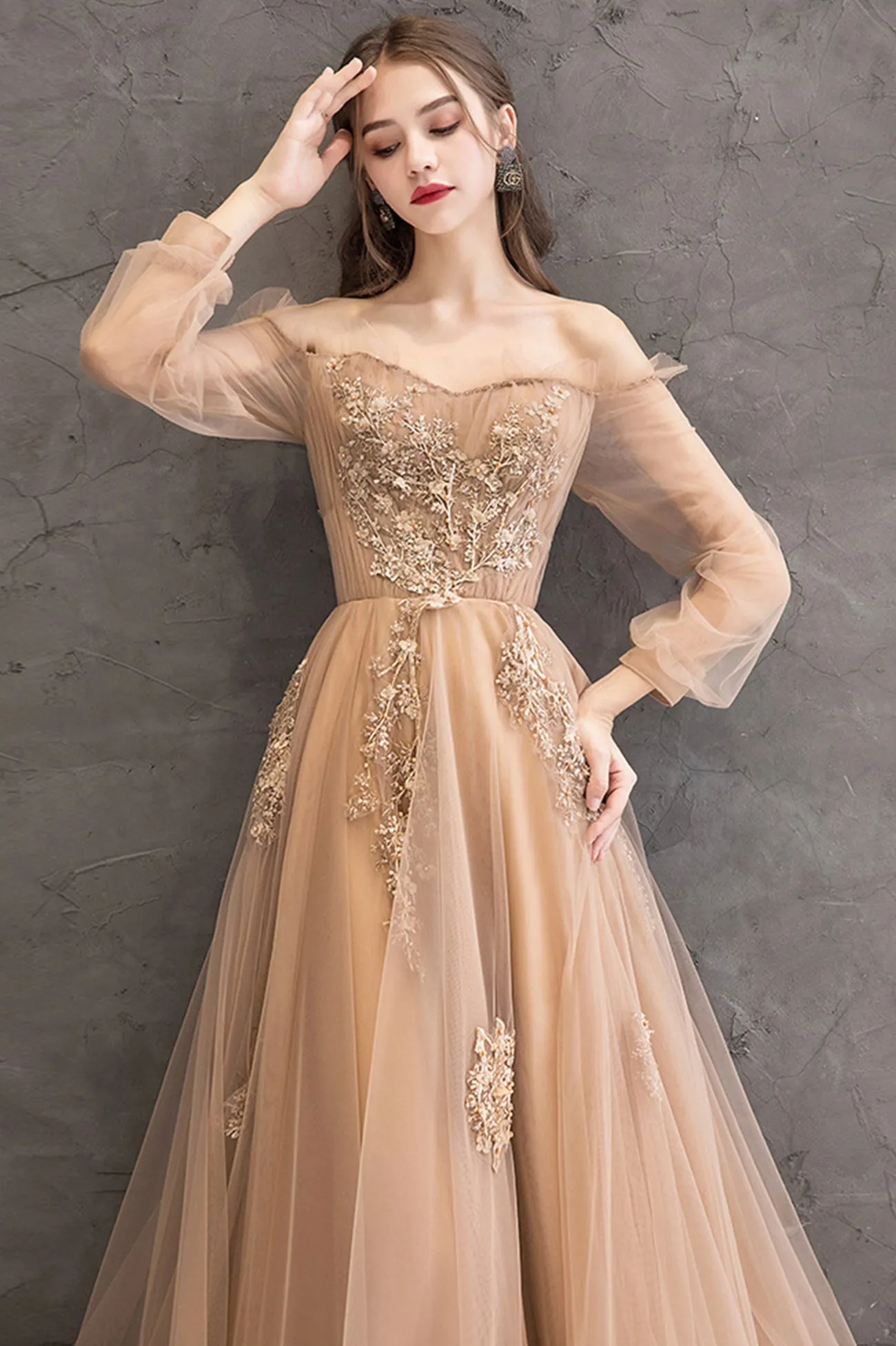 solvbao Elegant Tulle Lace Long Prom Dresses, A-Line Formal Evening Dresses