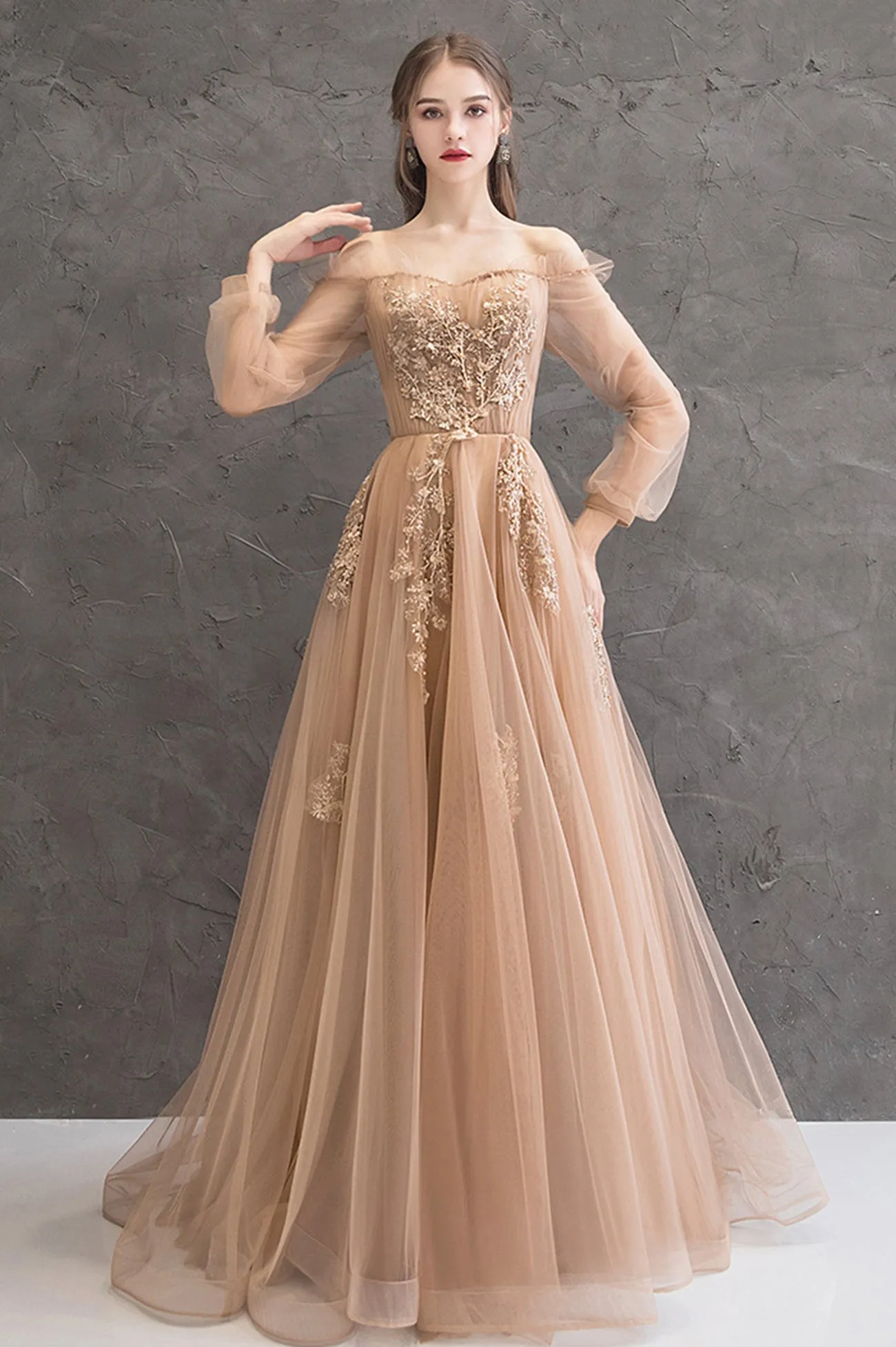 solvbao Elegant Tulle Lace Long Prom Dresses, A-Line Formal Evening Dresses
