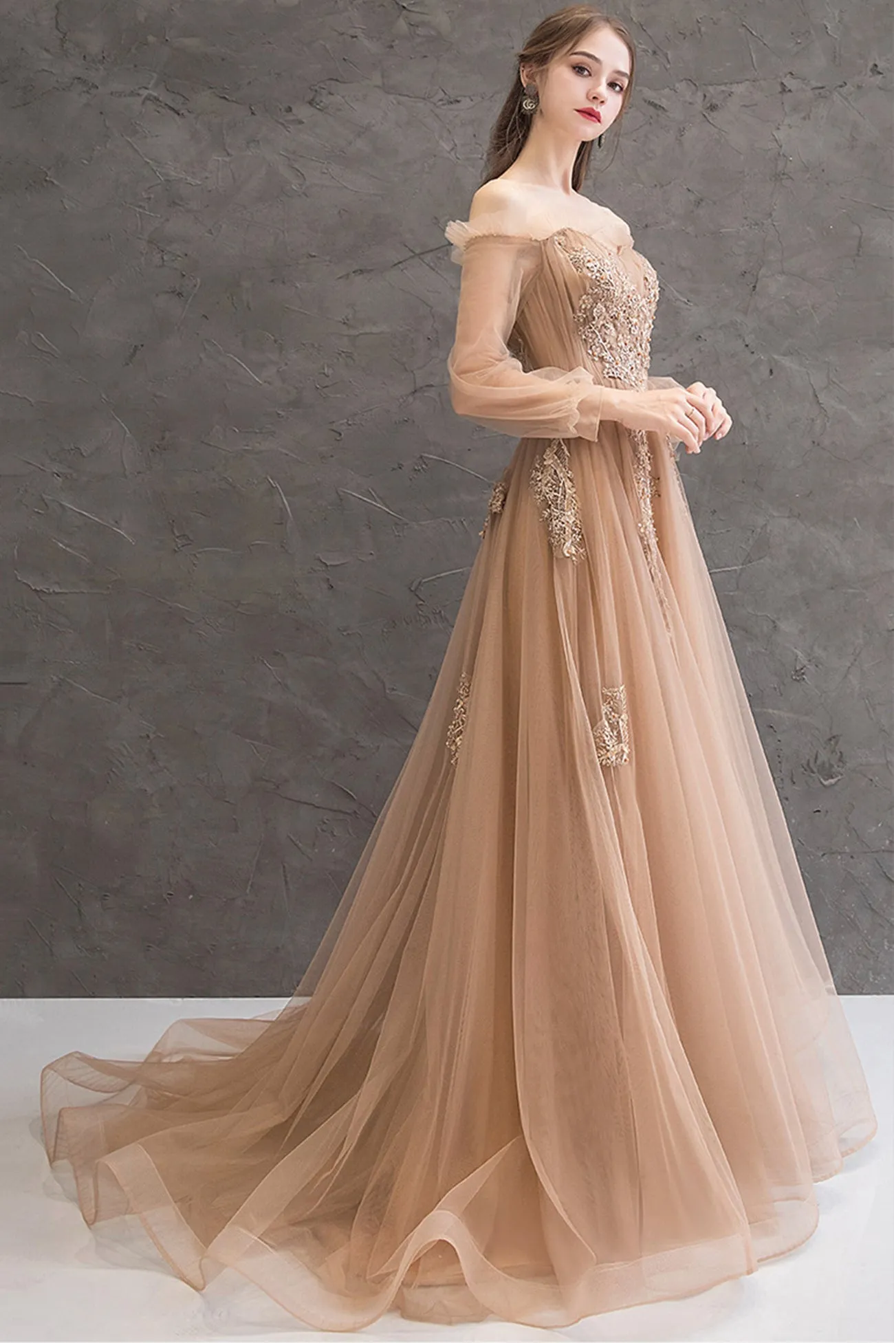 solvbao Elegant Tulle Lace Long Prom Dresses, A-Line Formal Evening Dresses