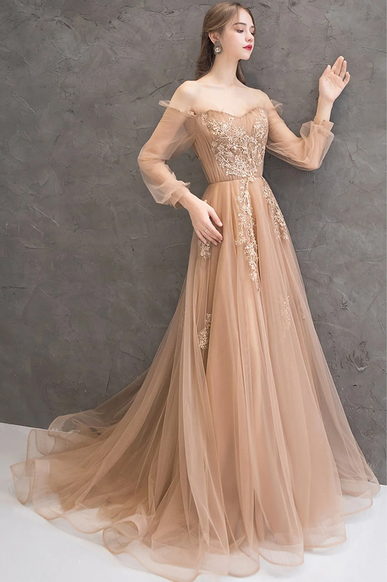solvbao Elegant Tulle Lace Long Prom Dresses, A-Line Formal Evening Dresses
