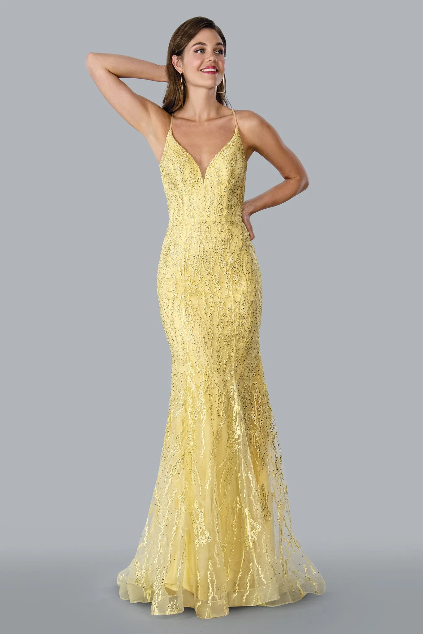 Stella Couture 23140 Long Fitted Crystal Lace Mermaid Prom Dress Backless Formal Gown Corset