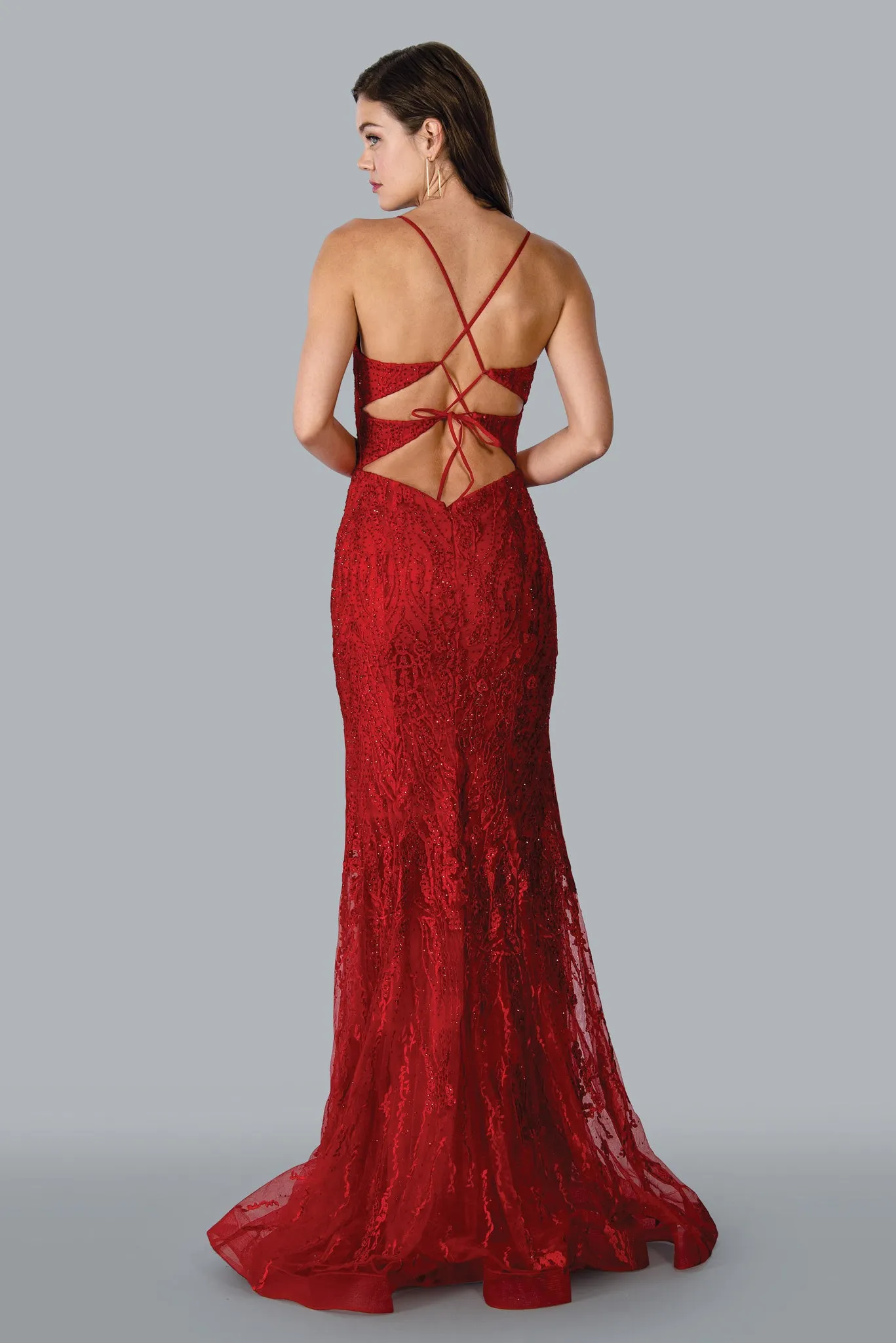 Stella Couture 23140 Long Fitted Crystal Lace Mermaid Prom Dress Backless Formal Gown Corset