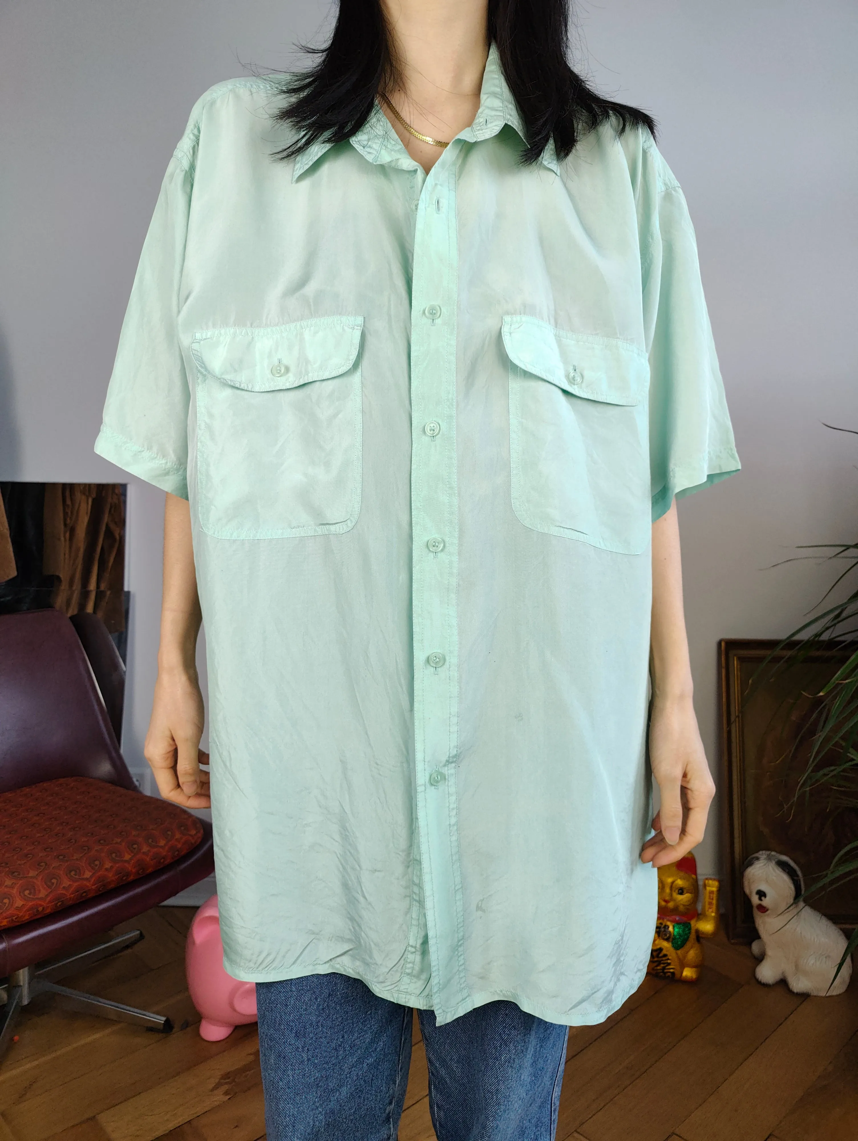 Vintage 100% silk shirt blouse mint green pastel short sleeve button up plain women unisex men XL