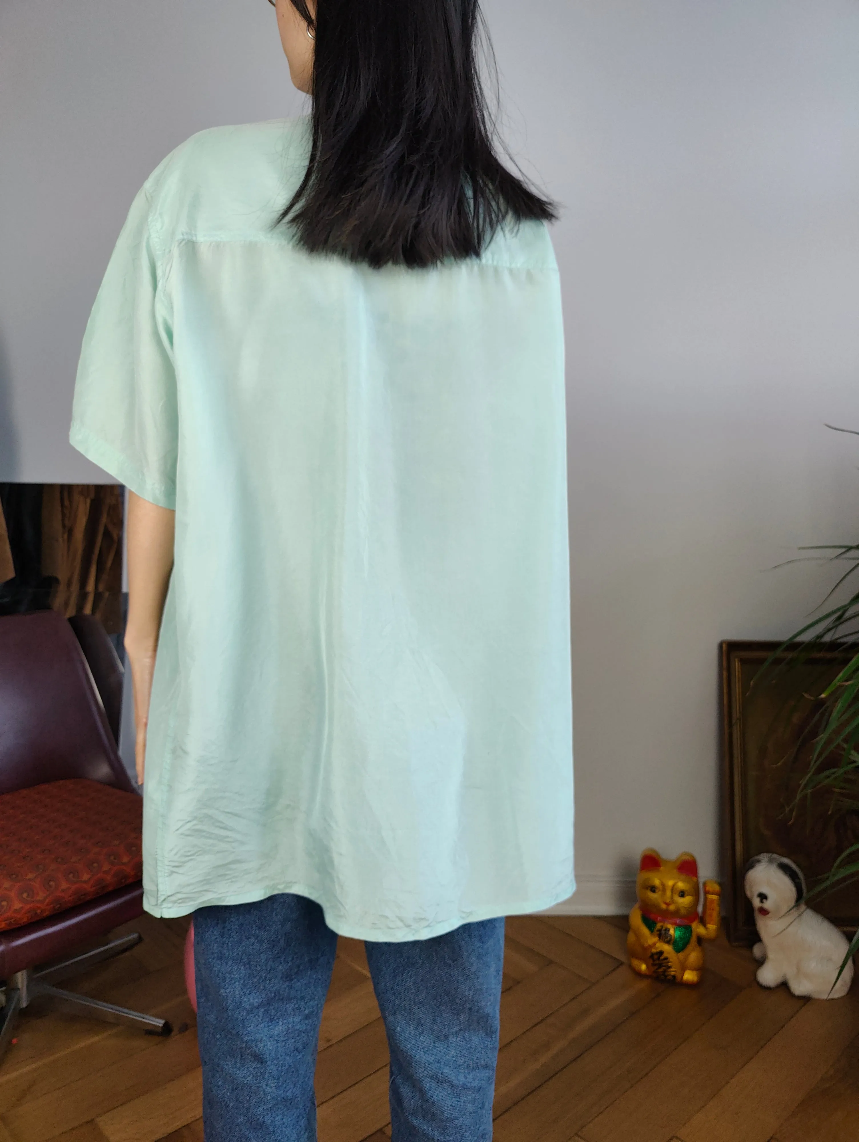 Vintage 100% silk shirt blouse mint green pastel short sleeve button up plain women unisex men XL