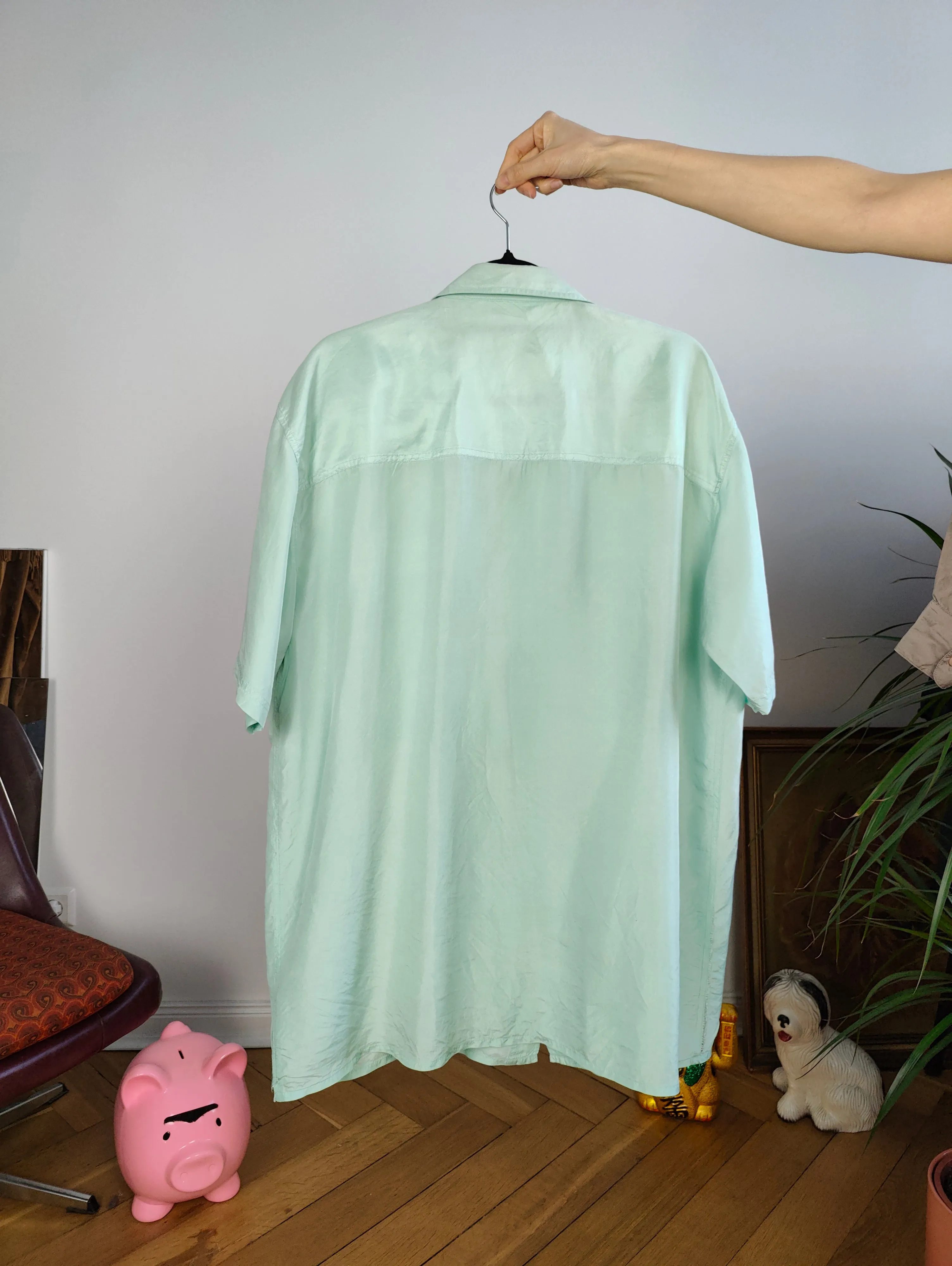 Vintage 100% silk shirt blouse mint green pastel short sleeve button up plain women unisex men XL