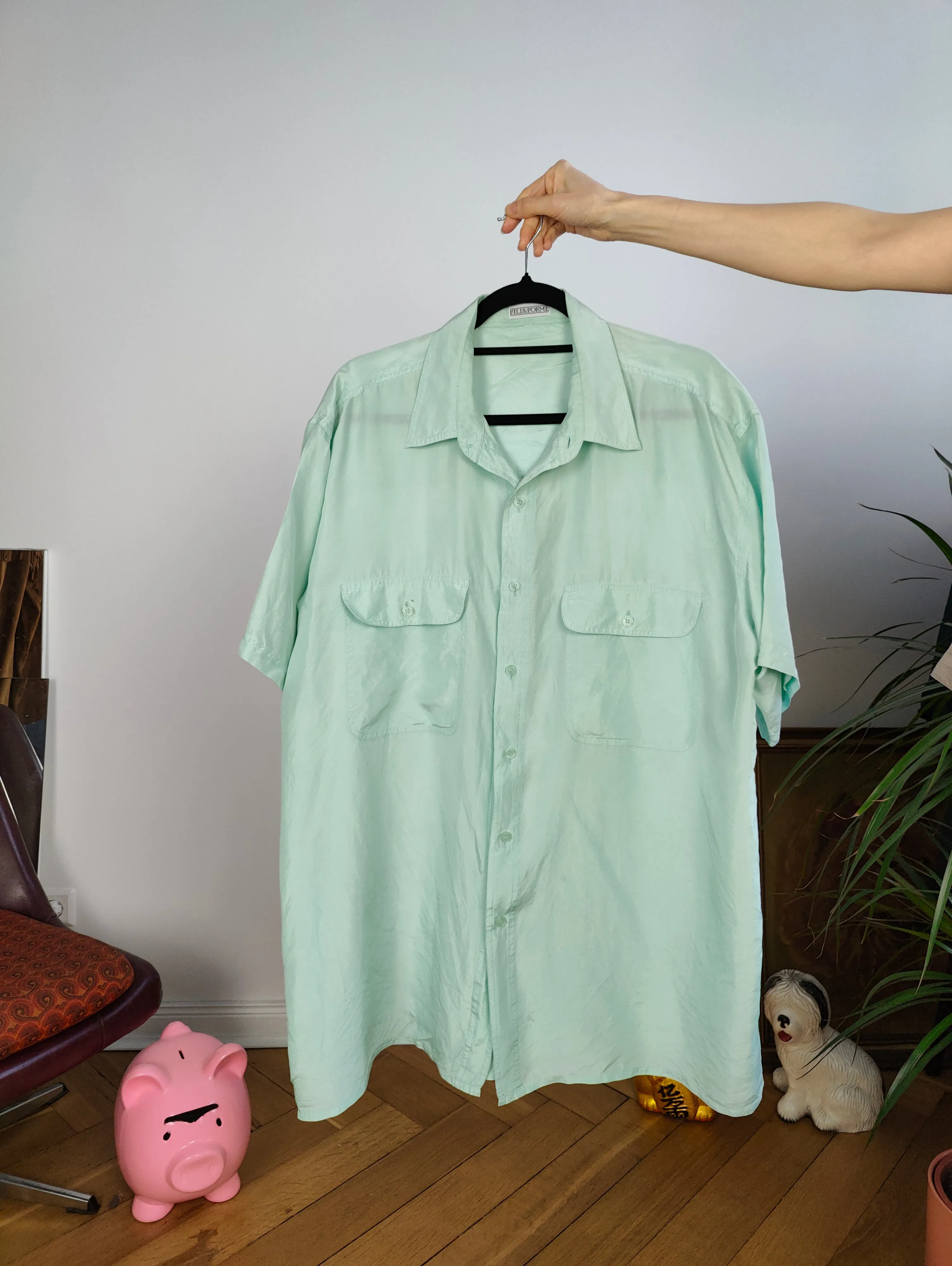 Vintage 100% silk shirt blouse mint green pastel short sleeve button up plain women unisex men XL