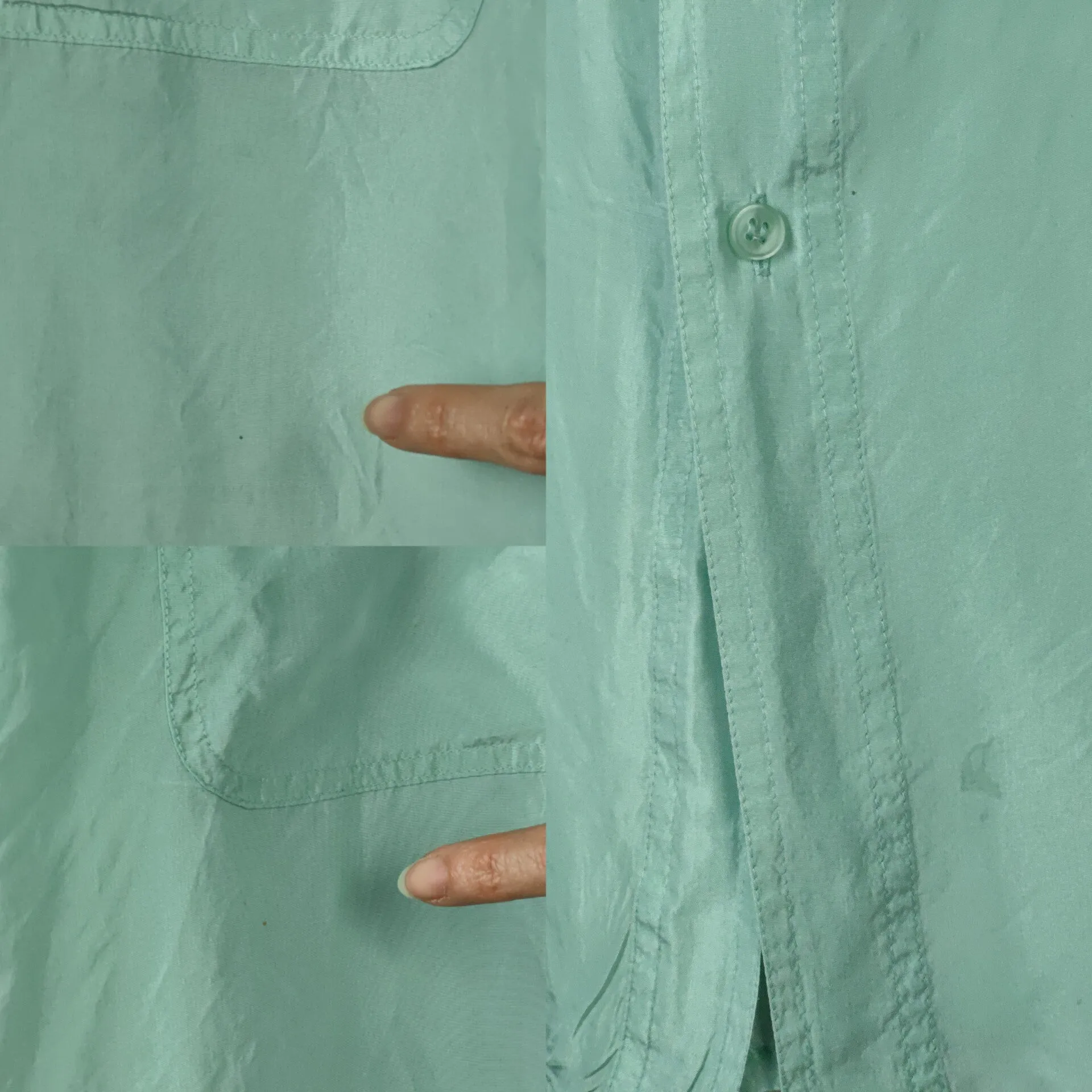 Vintage 100% silk shirt blouse mint green pastel short sleeve button up plain women unisex men XL