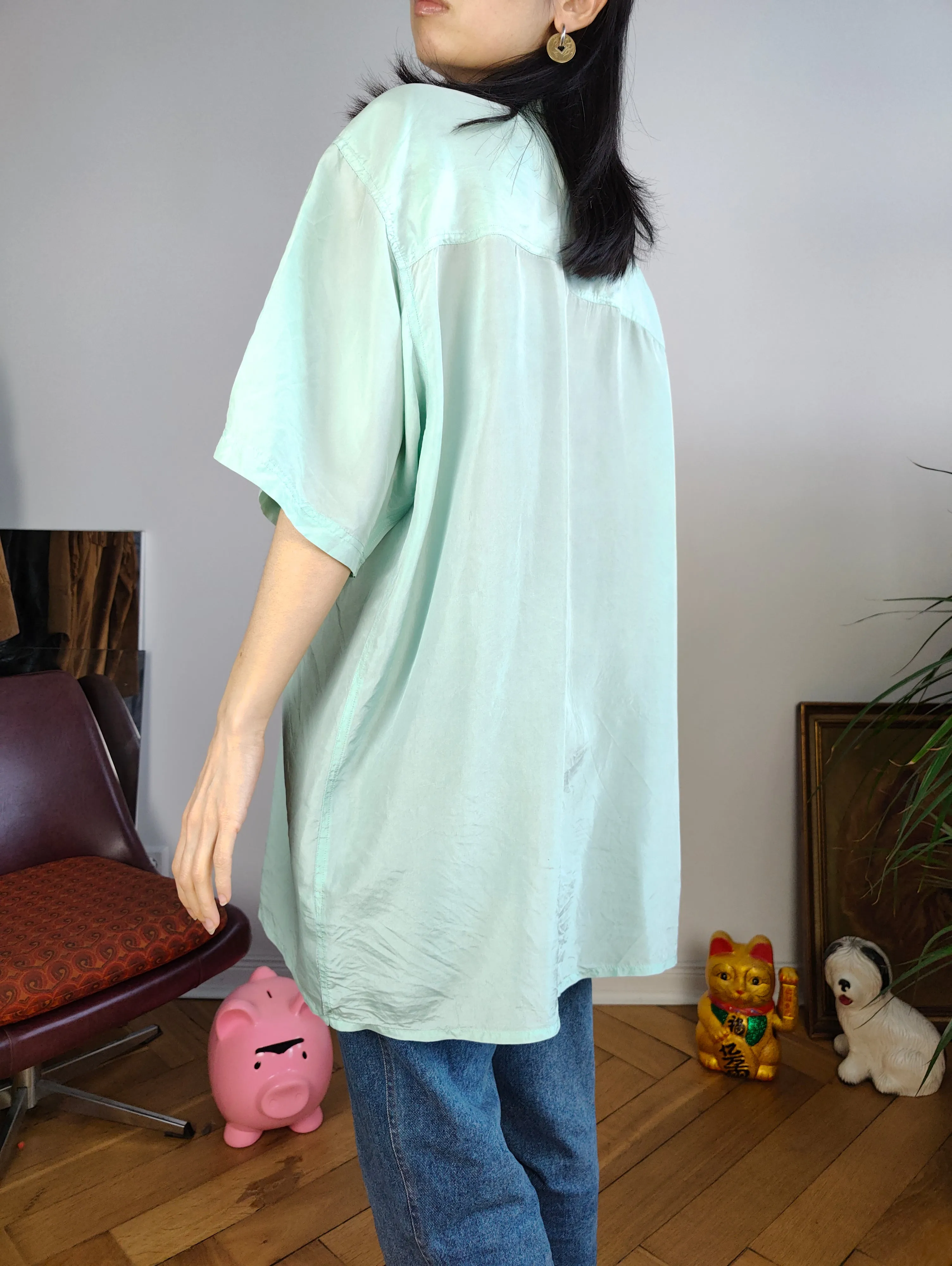Vintage 100% silk shirt blouse mint green pastel short sleeve button up plain women unisex men XL