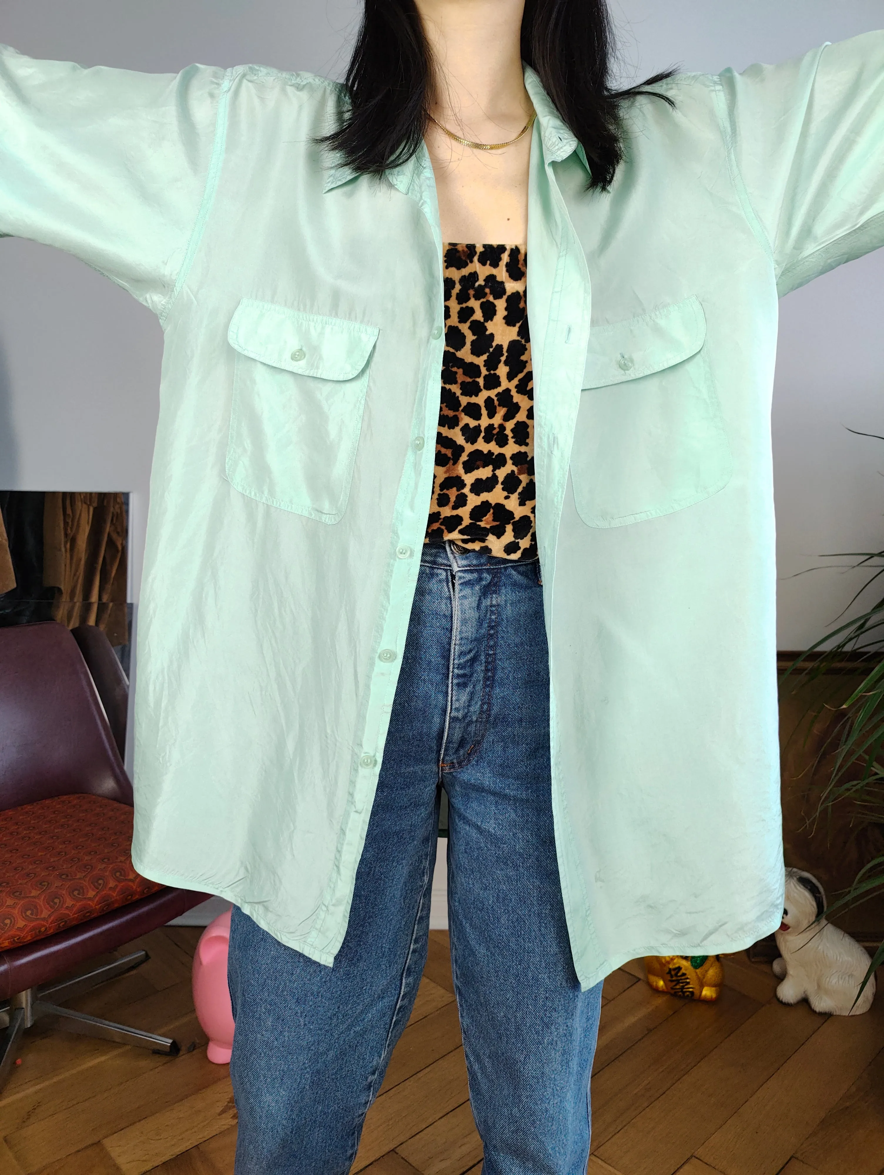 Vintage 100% silk shirt blouse mint green pastel short sleeve button up plain women unisex men XL