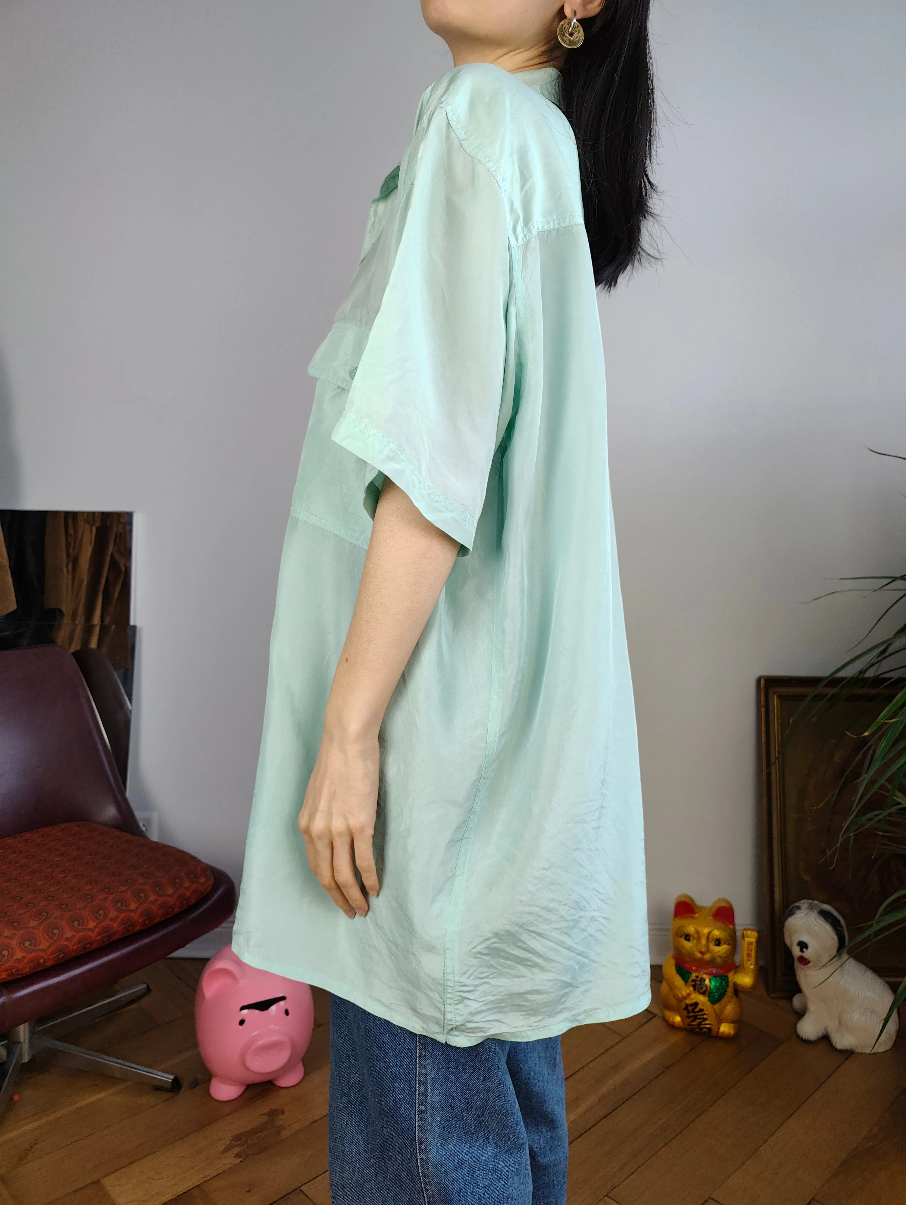 Vintage 100% silk shirt blouse mint green pastel short sleeve button up plain women unisex men XL