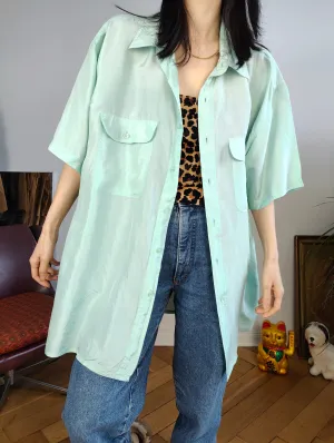 Vintage 100% silk shirt blouse mint green pastel short sleeve button up plain women unisex men XL