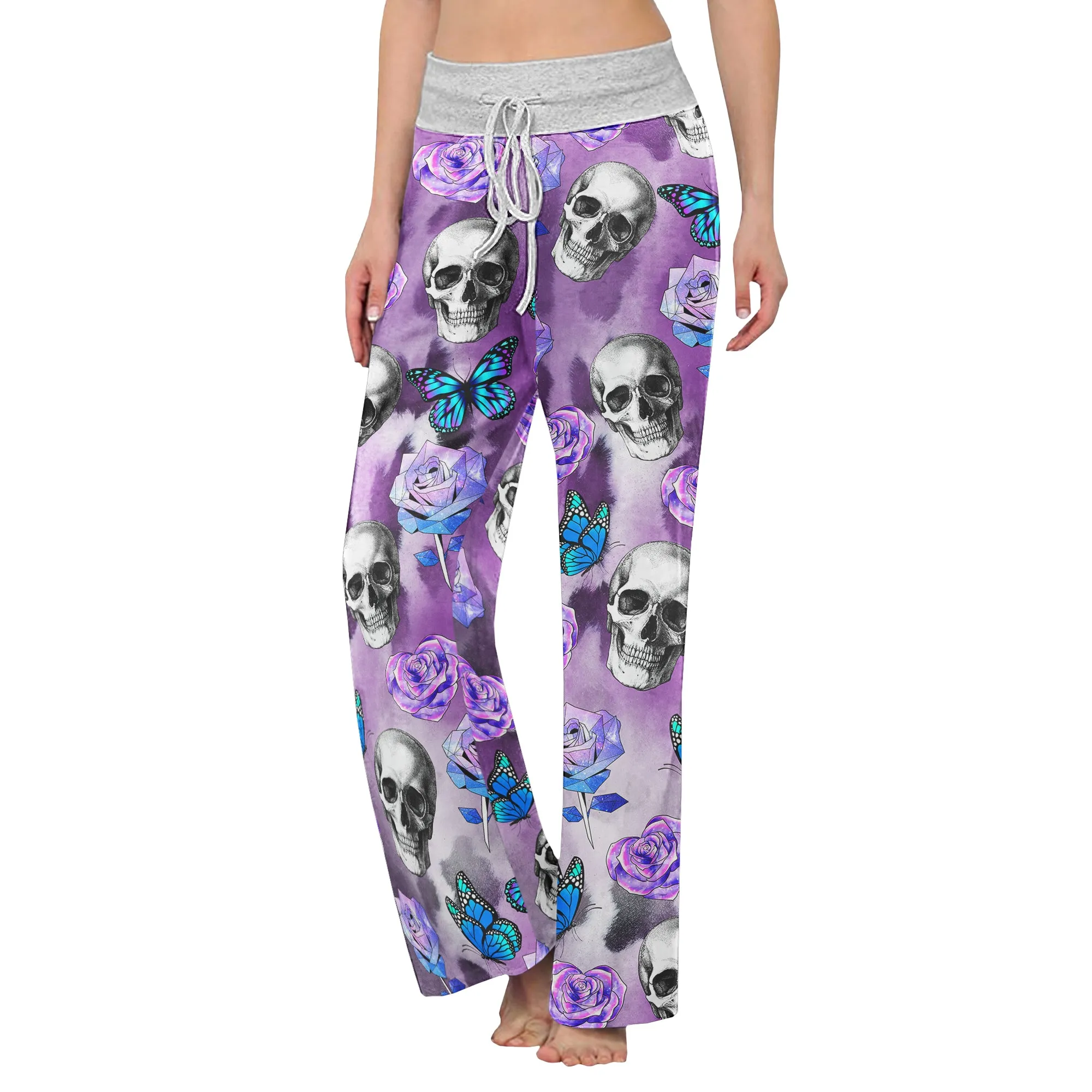 Violet Skull Butterfly Women's High-waisted Wide Leg Pants