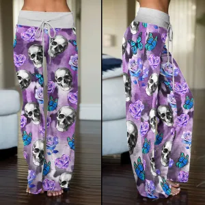 Violet Skull Butterfly Women's High-waisted Wide Leg Pants