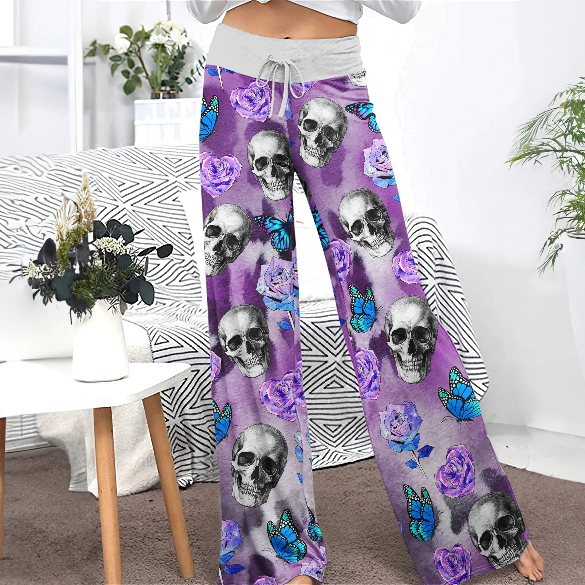 Violet Skull Butterfly Women's High-waisted Wide Leg Pants