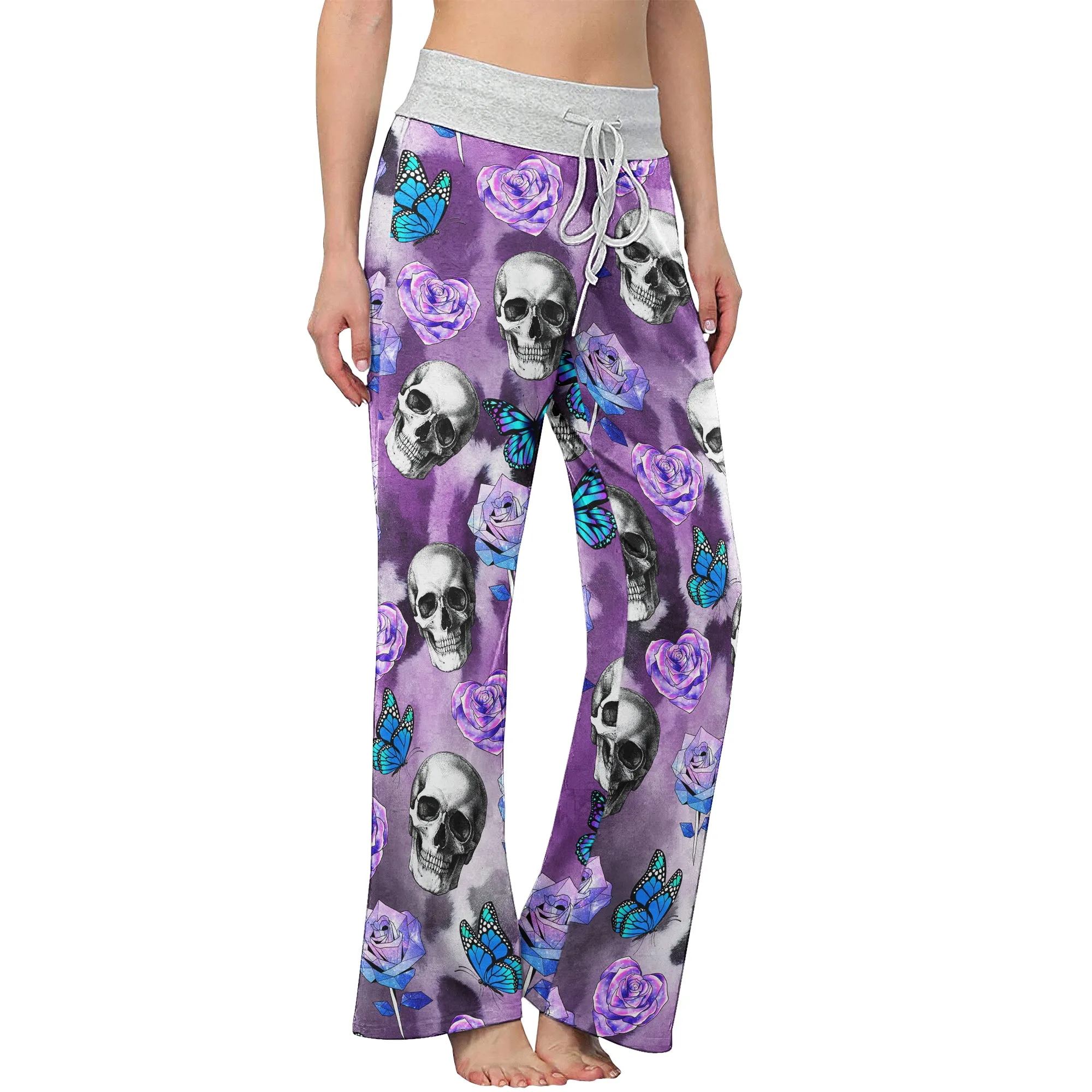 Violet Skull Butterfly Women's High-waisted Wide Leg Pants