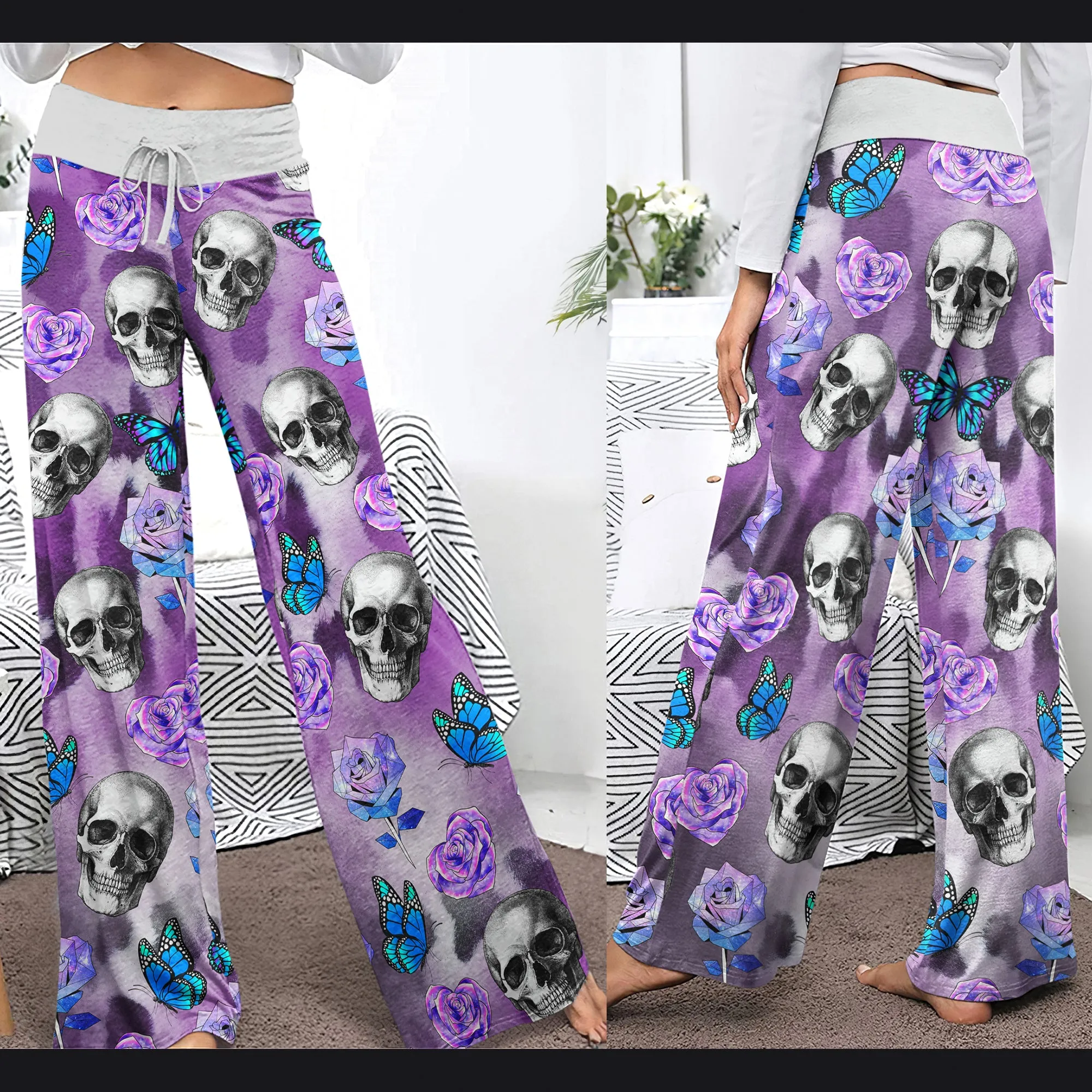 Violet Skull Butterfly Women's High-waisted Wide Leg Pants