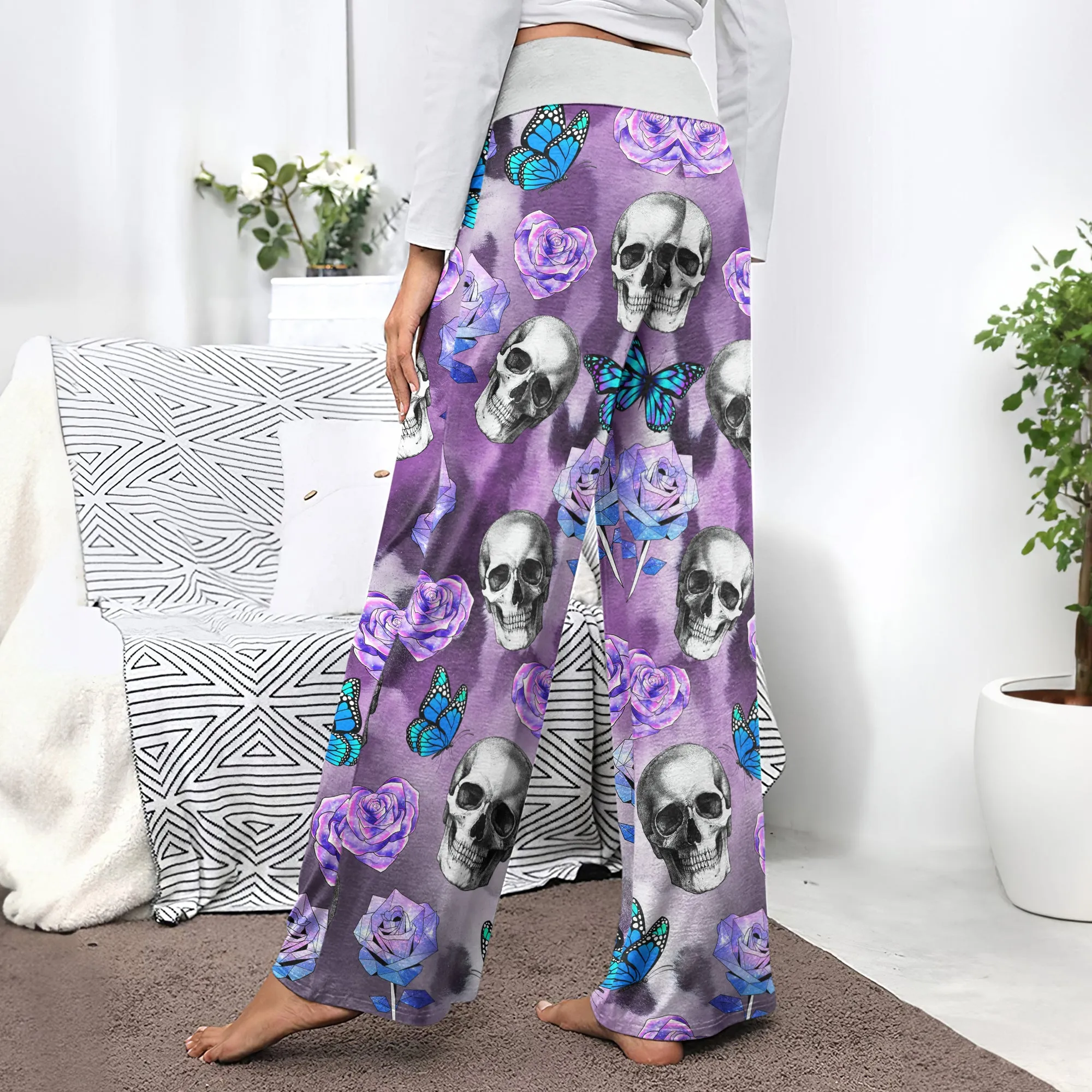 Violet Skull Butterfly Women's High-waisted Wide Leg Pants
