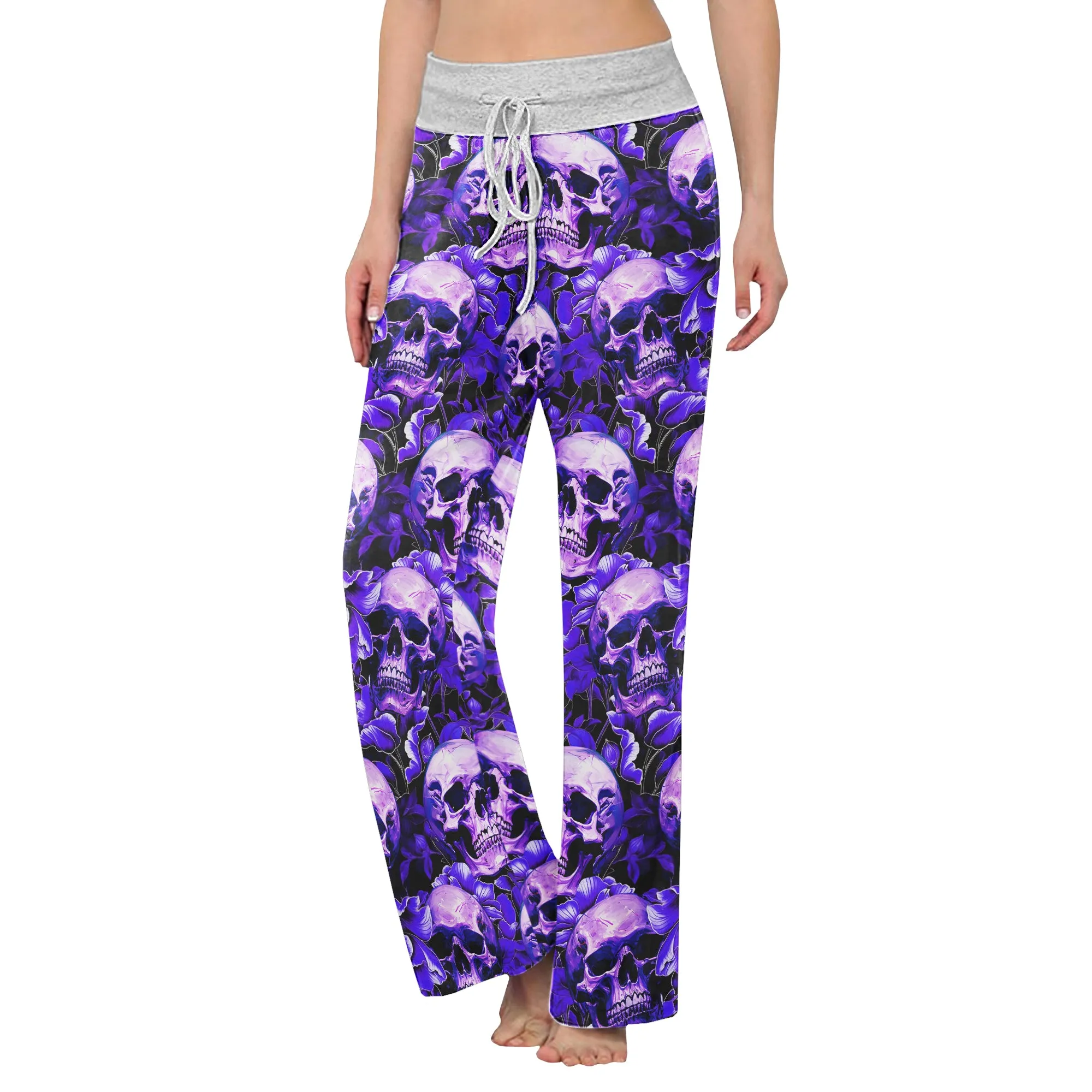 Violet Skull Flower Pattern Women's High-waisted Wide Leg Pants
