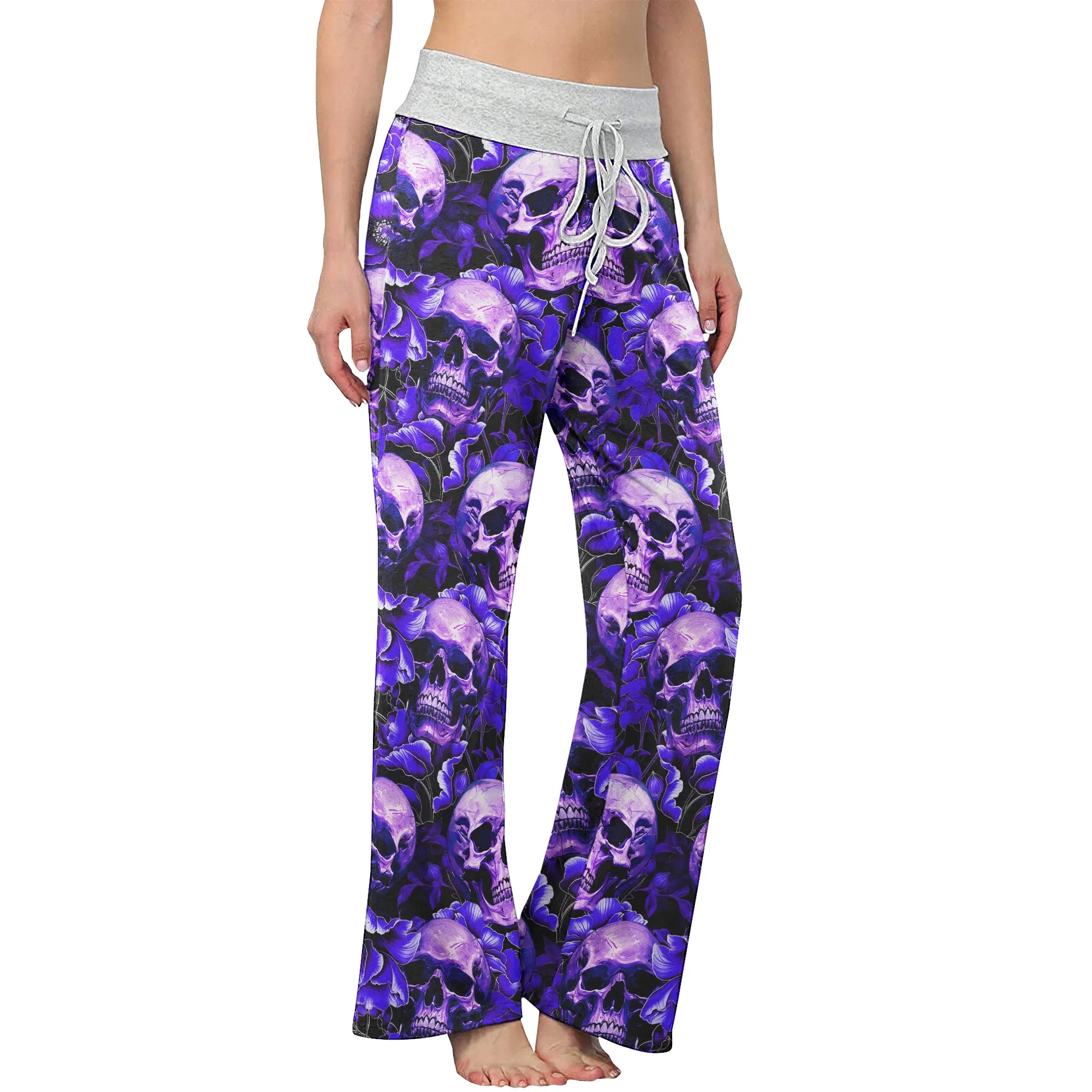 Violet Skull Flower Pattern Women's High-waisted Wide Leg Pants