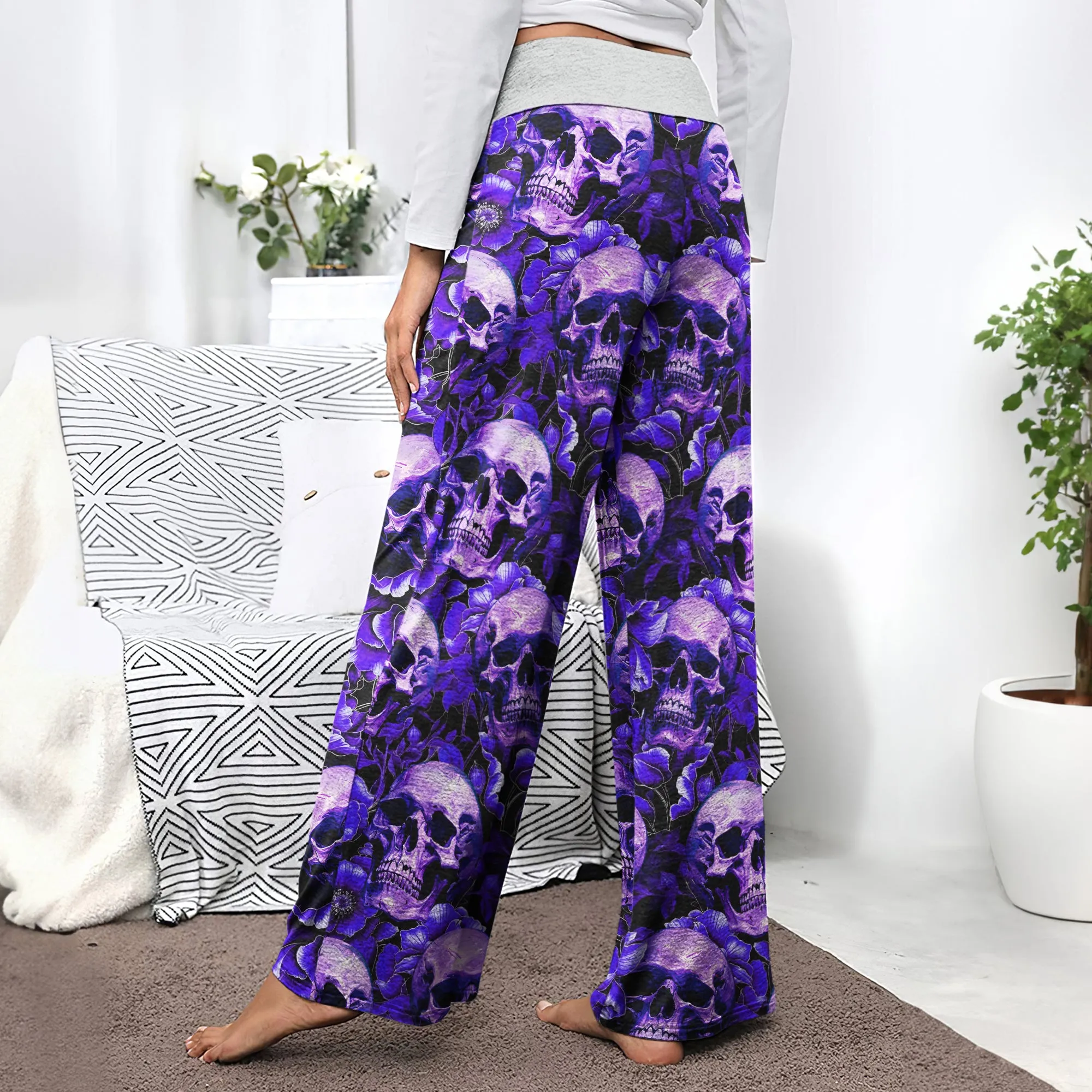 Violet Skull Flower Pattern Women's High-waisted Wide Leg Pants