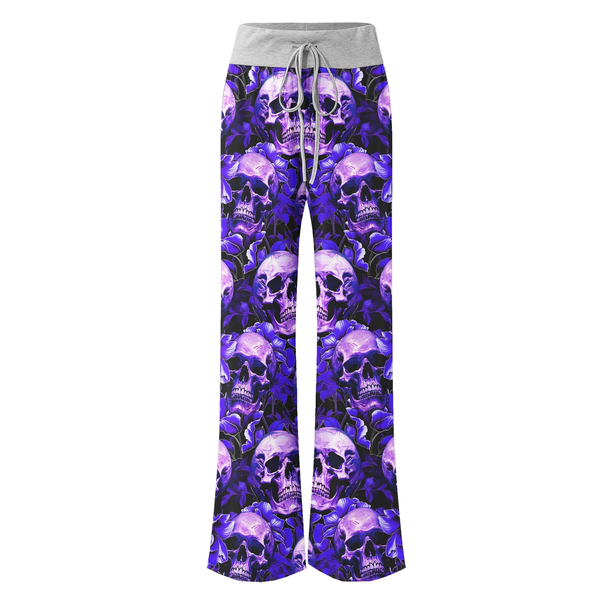 Violet Skull Flower Pattern Women's High-waisted Wide Leg Pants