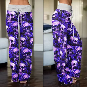 Violet Skull Flower Pattern Women's High-waisted Wide Leg Pants