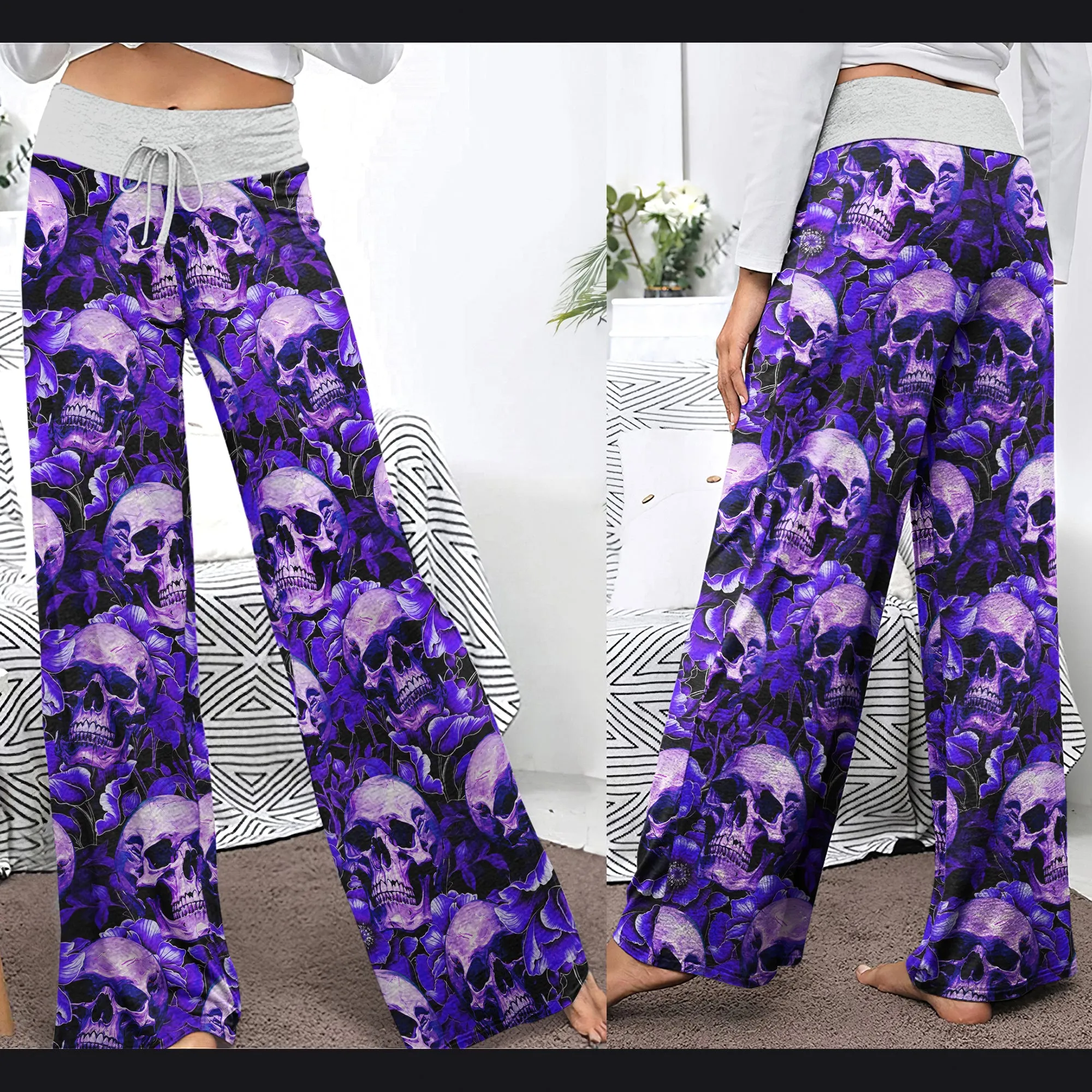 Violet Skull Flower Pattern Women's High-waisted Wide Leg Pants