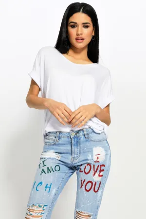 White Basic V Neck Oversized Tee