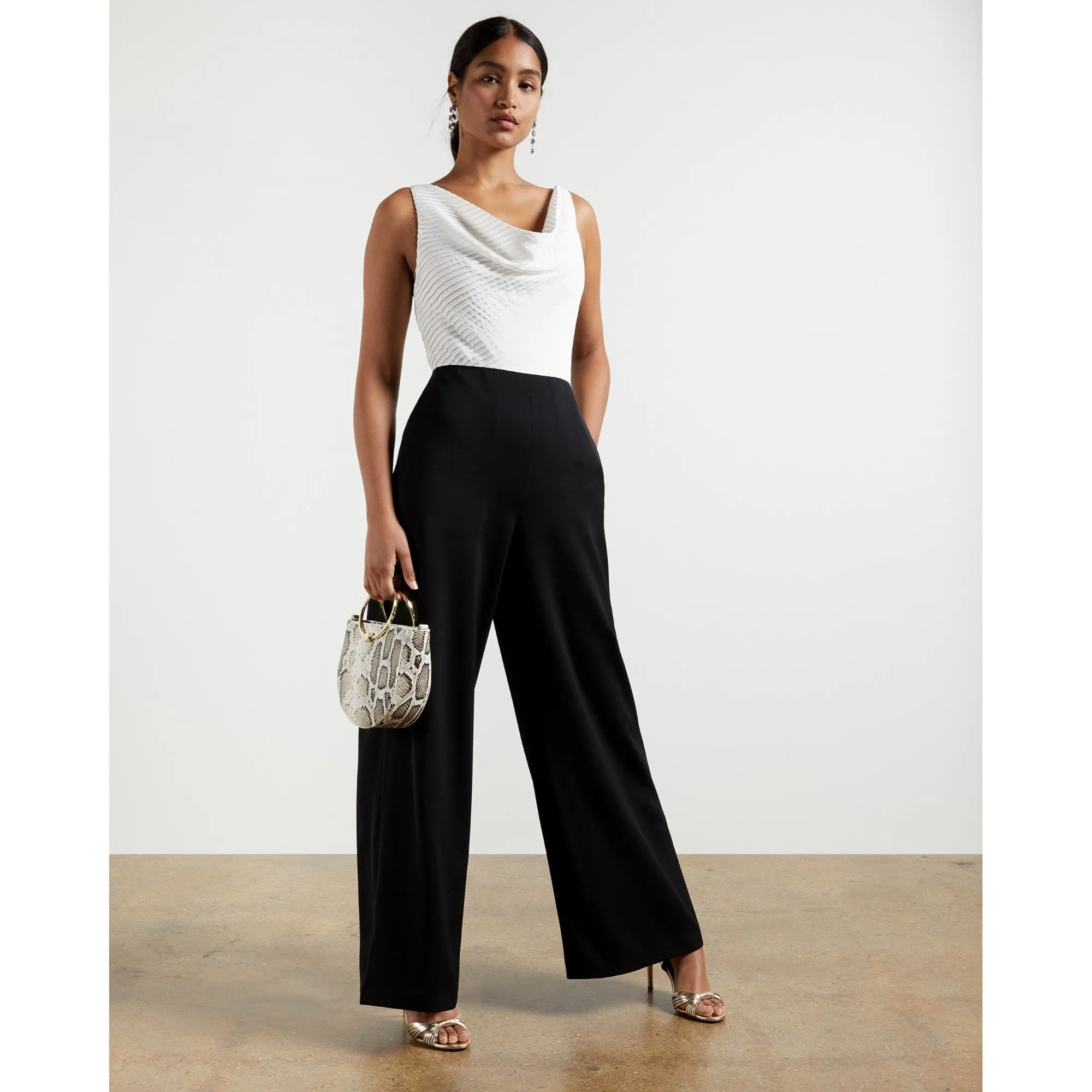 Women Kieva-Cowl Neck Pleat Detail Wide Leg Jumpsuit - Black