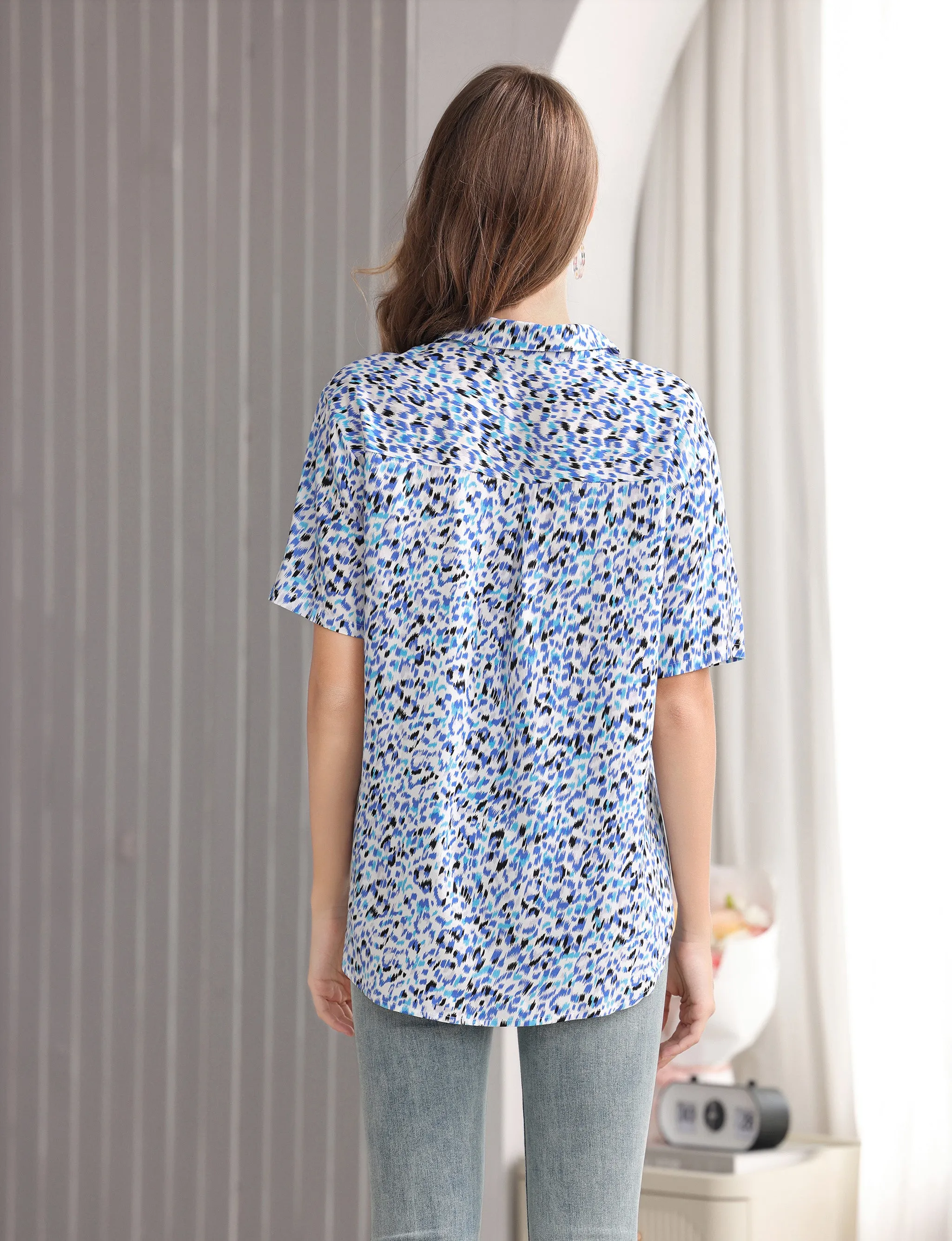 Women's Short Sleeve Button Down Shirt with Colorful Leopard Print